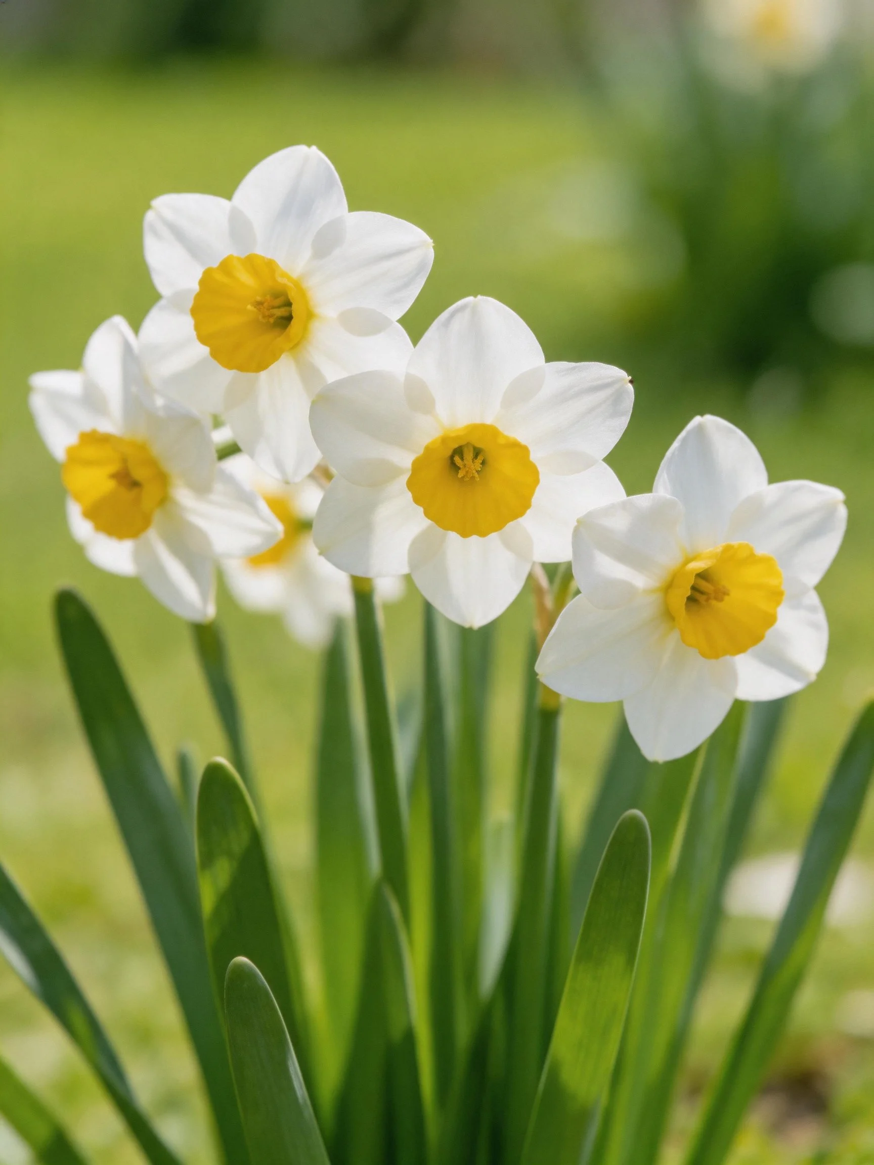 Five white daffodils with yellow centers outdoors