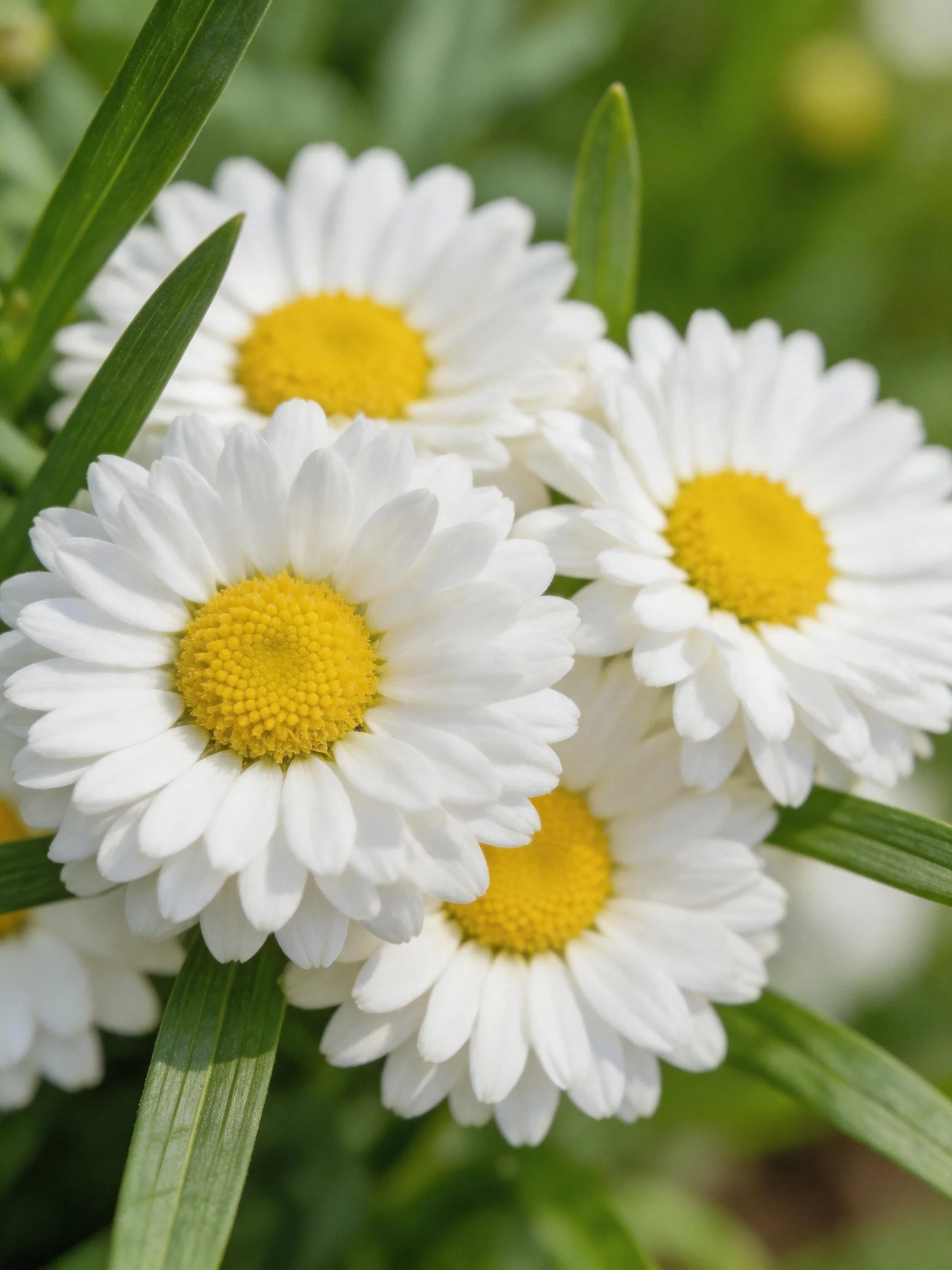 Five white daisies with bright yellow centers among green foliage