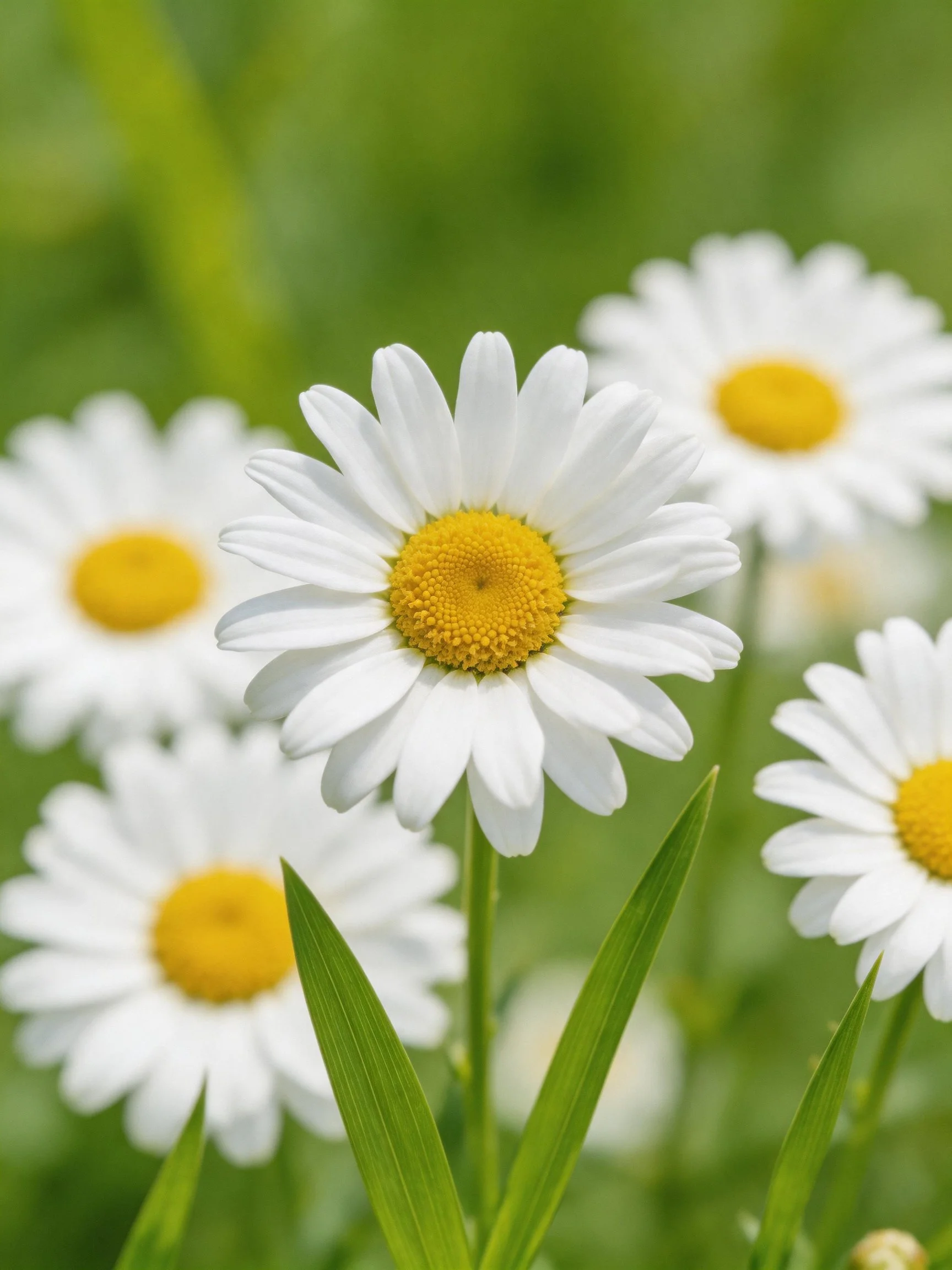 Five white daisies with yellow centers among green foliage