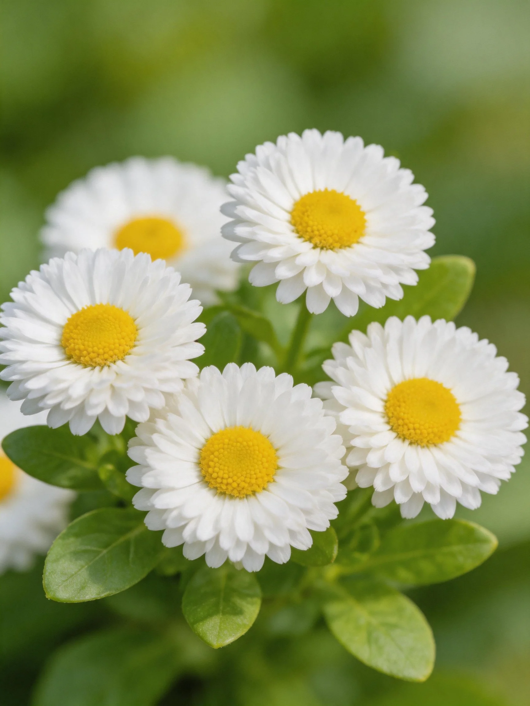 Five white daisies with yellow centers among green foliage