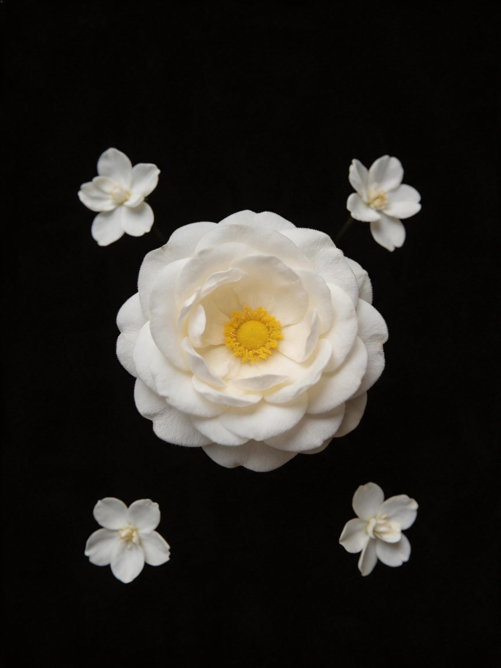 Five white flowers arranged symmetrically; large central bloom with yellow center