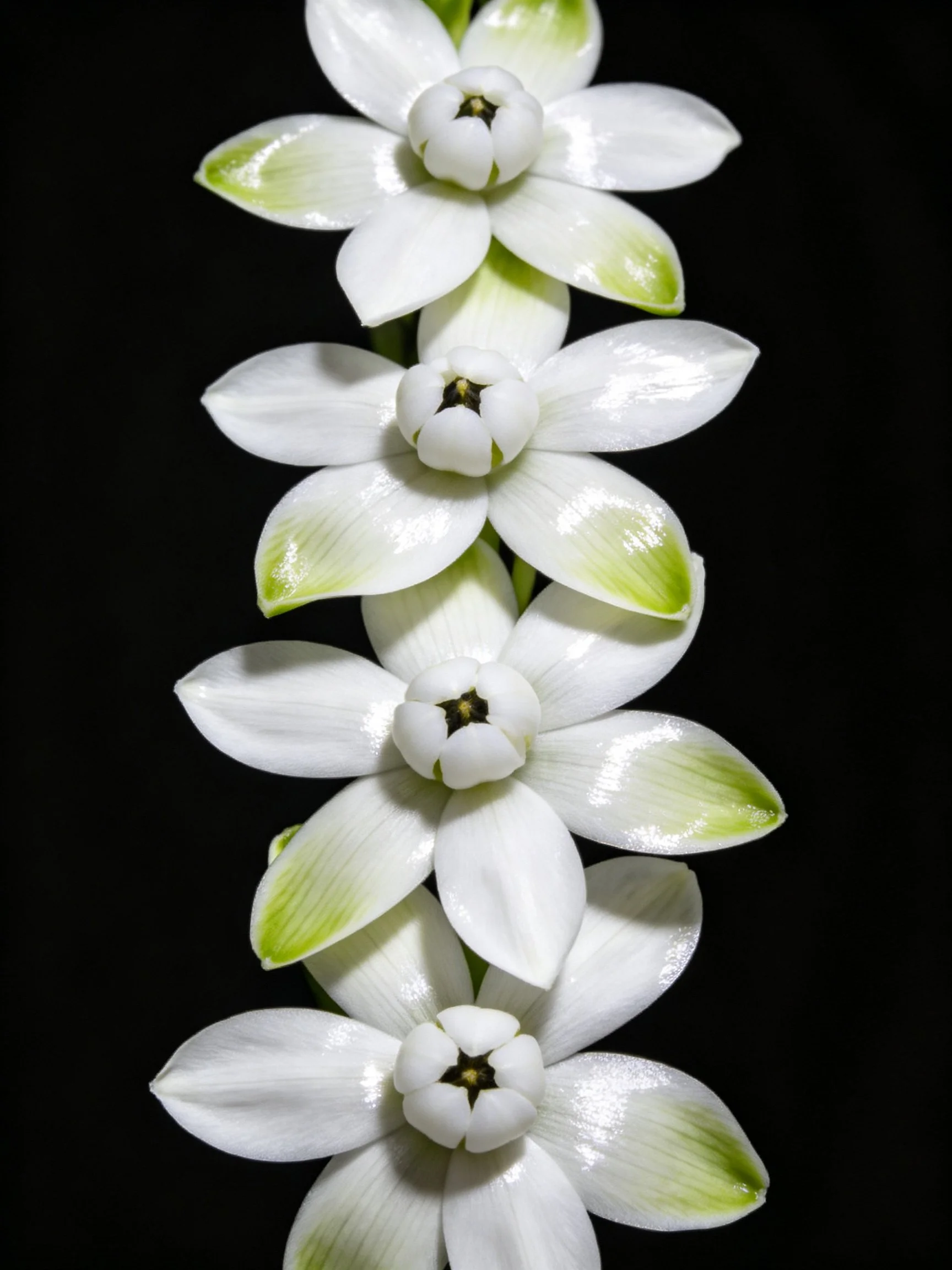 Five white flowers with green-tipped petals aligned vertically