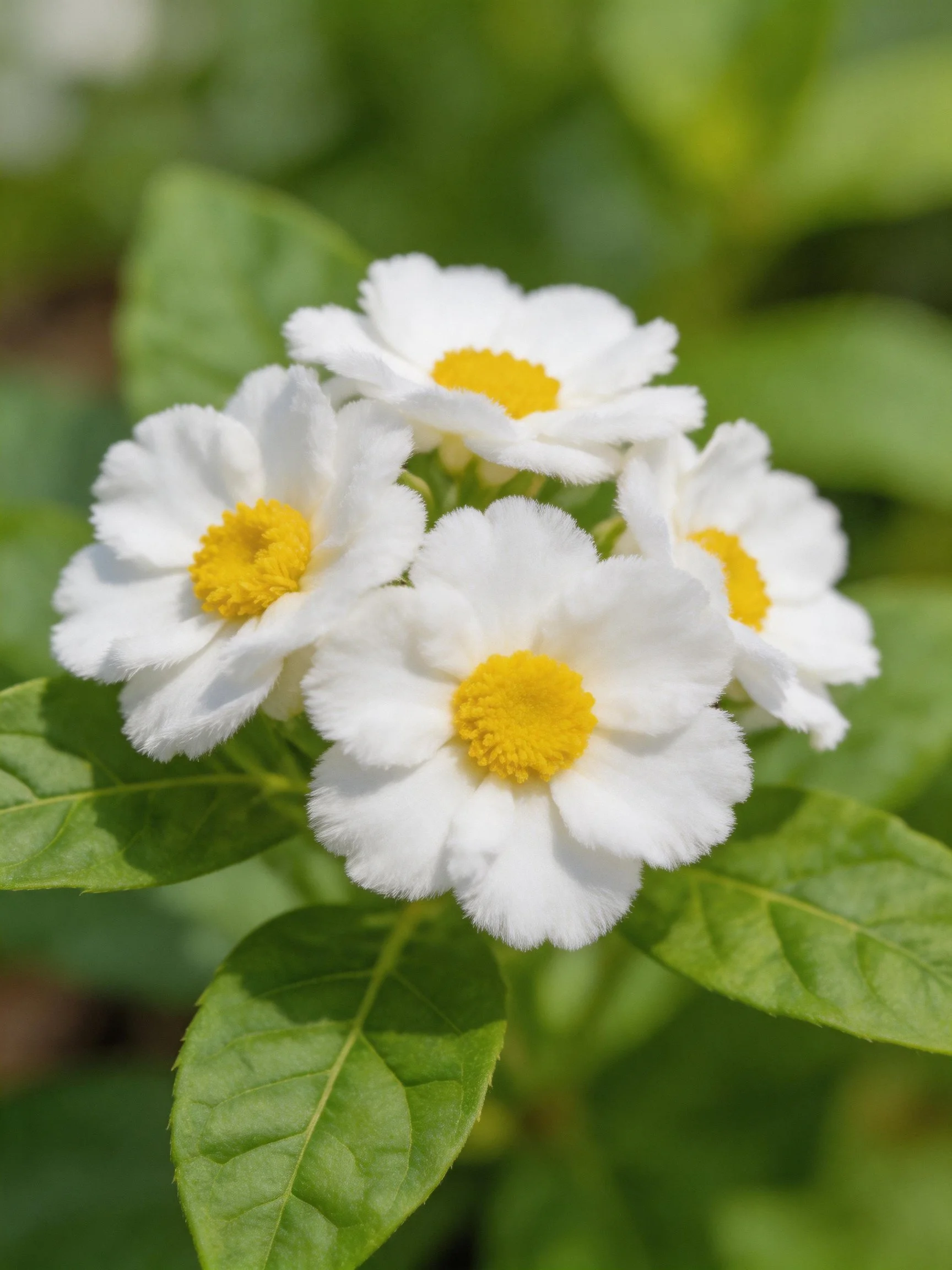Five white flowers with yellow centers among green leaves