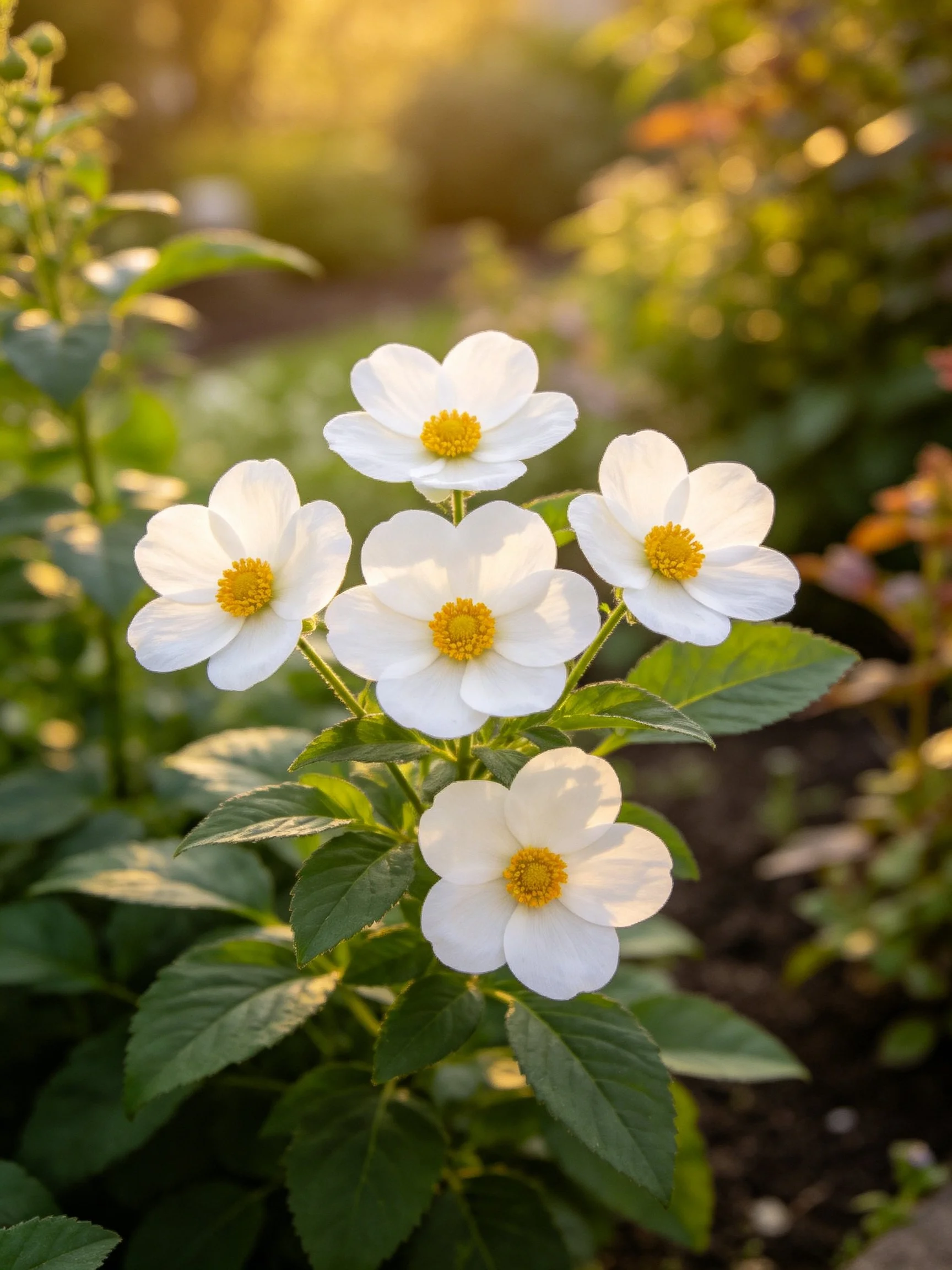 Five white flowers with yellow centers bloom among lush greenery in a sunlit garden.