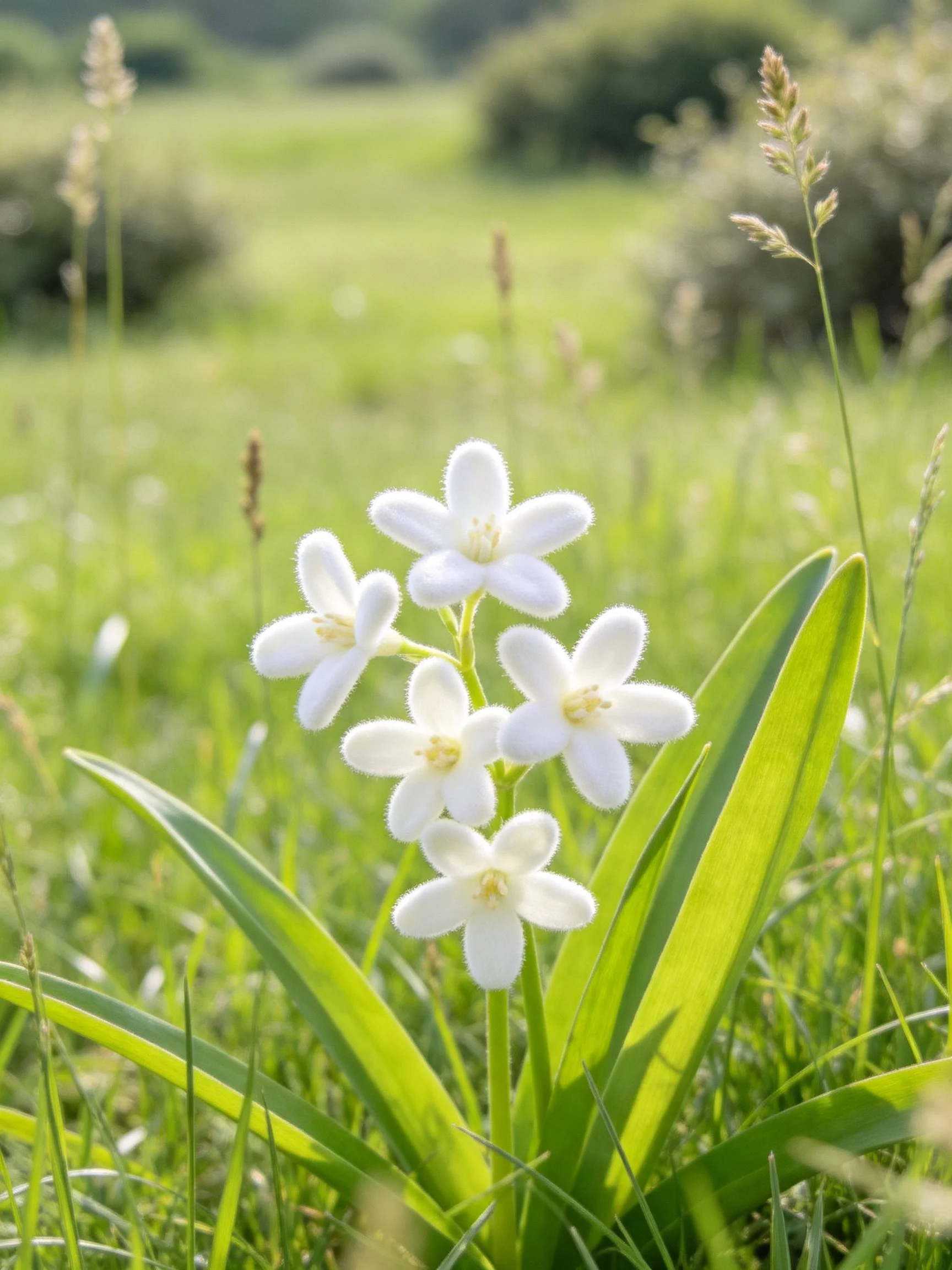 Five white fuzzy-flowered blooms in a sunlit meadow