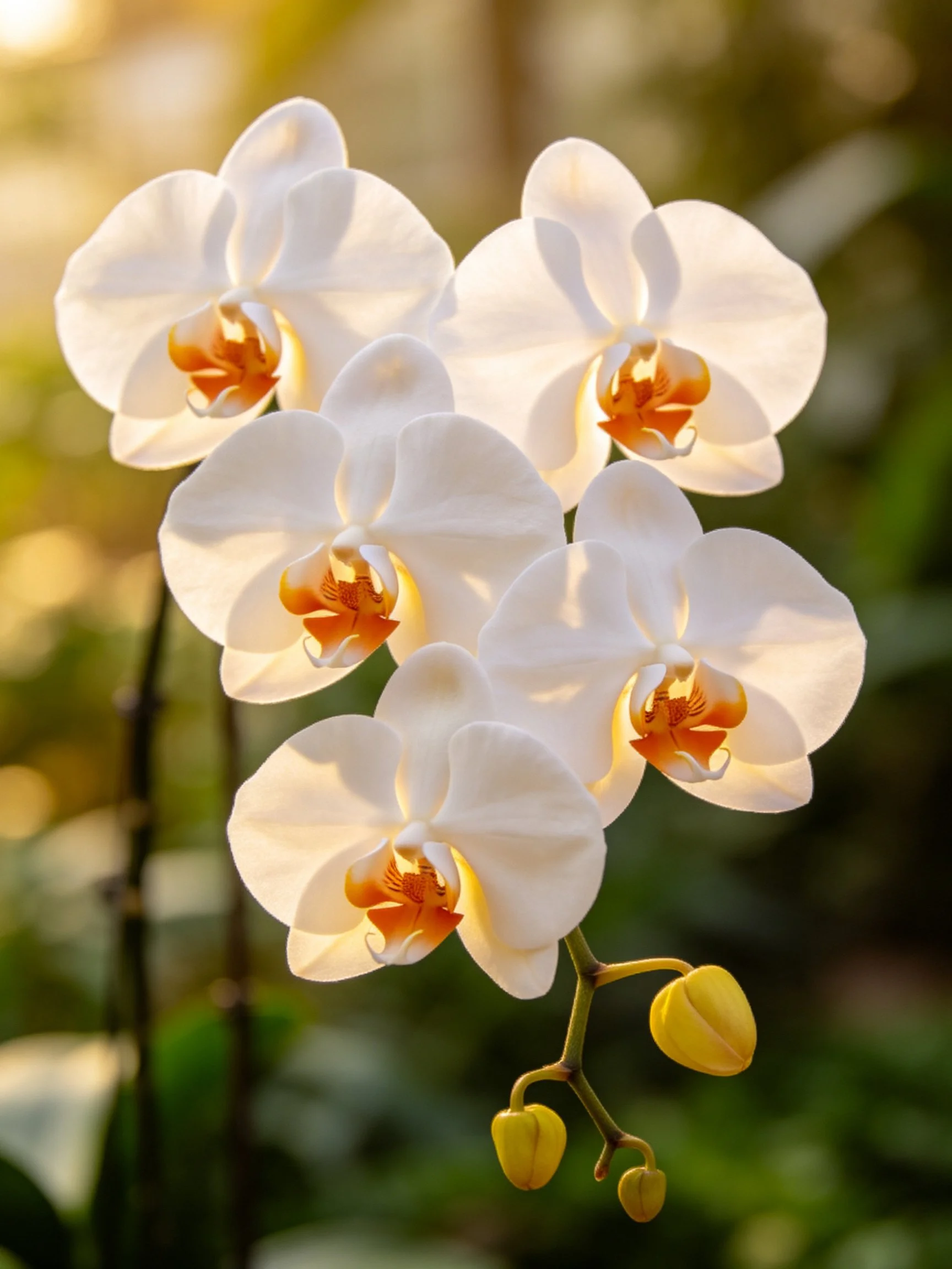 Five white orchids with orange centers and yellow buds