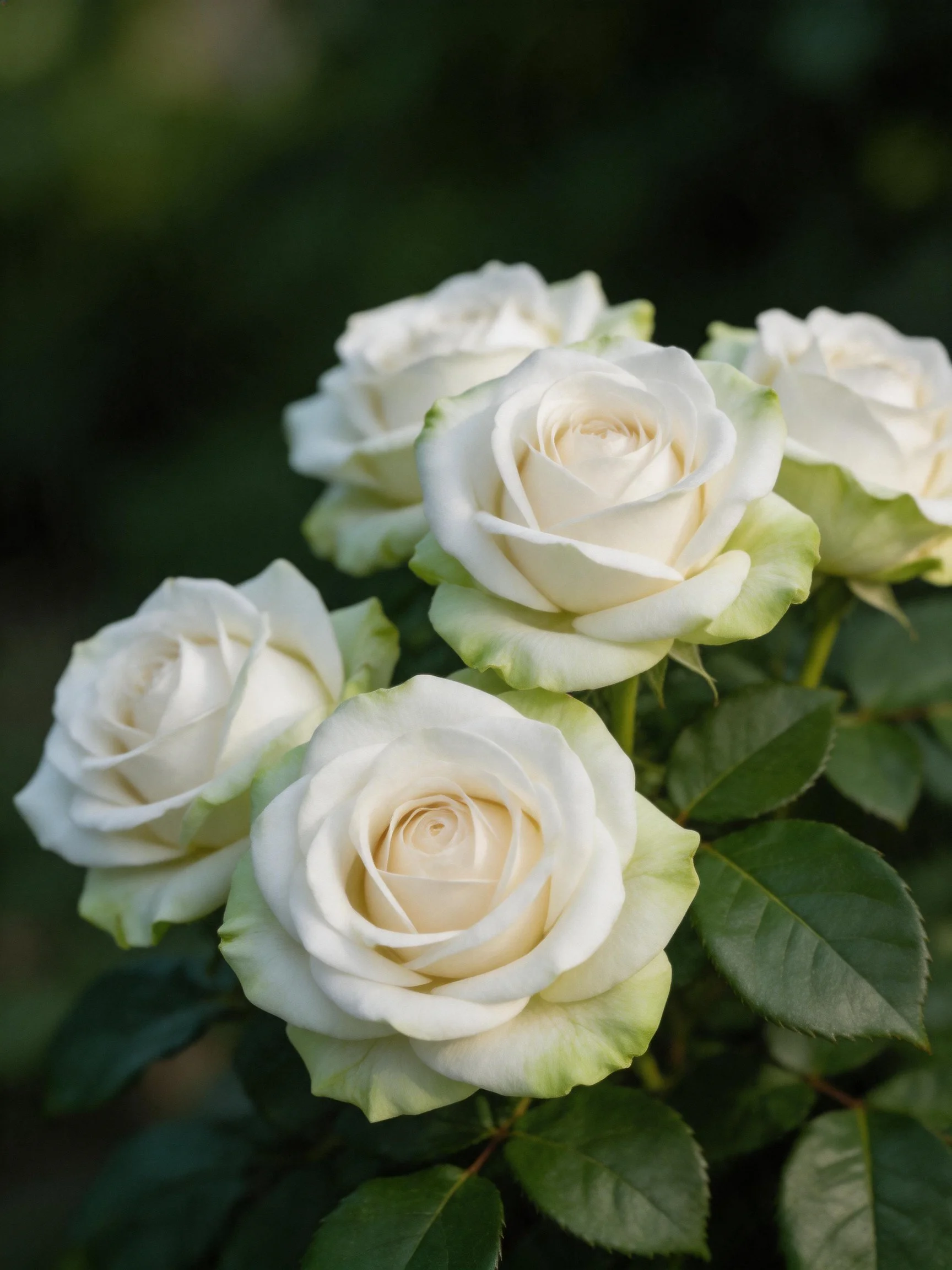 Five white roses with green-edged petals amid dark green foliage