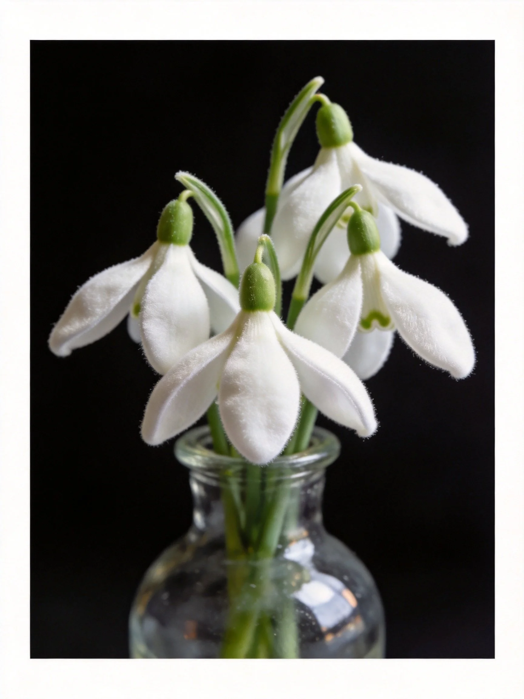 Five white snowdrop flowers arranged in a clear glass vase