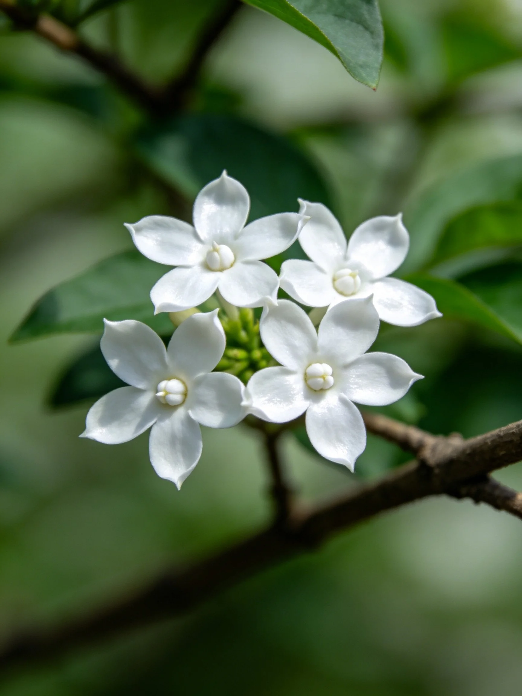 Five white star - shaped flowers clustered on a branch with green foliage