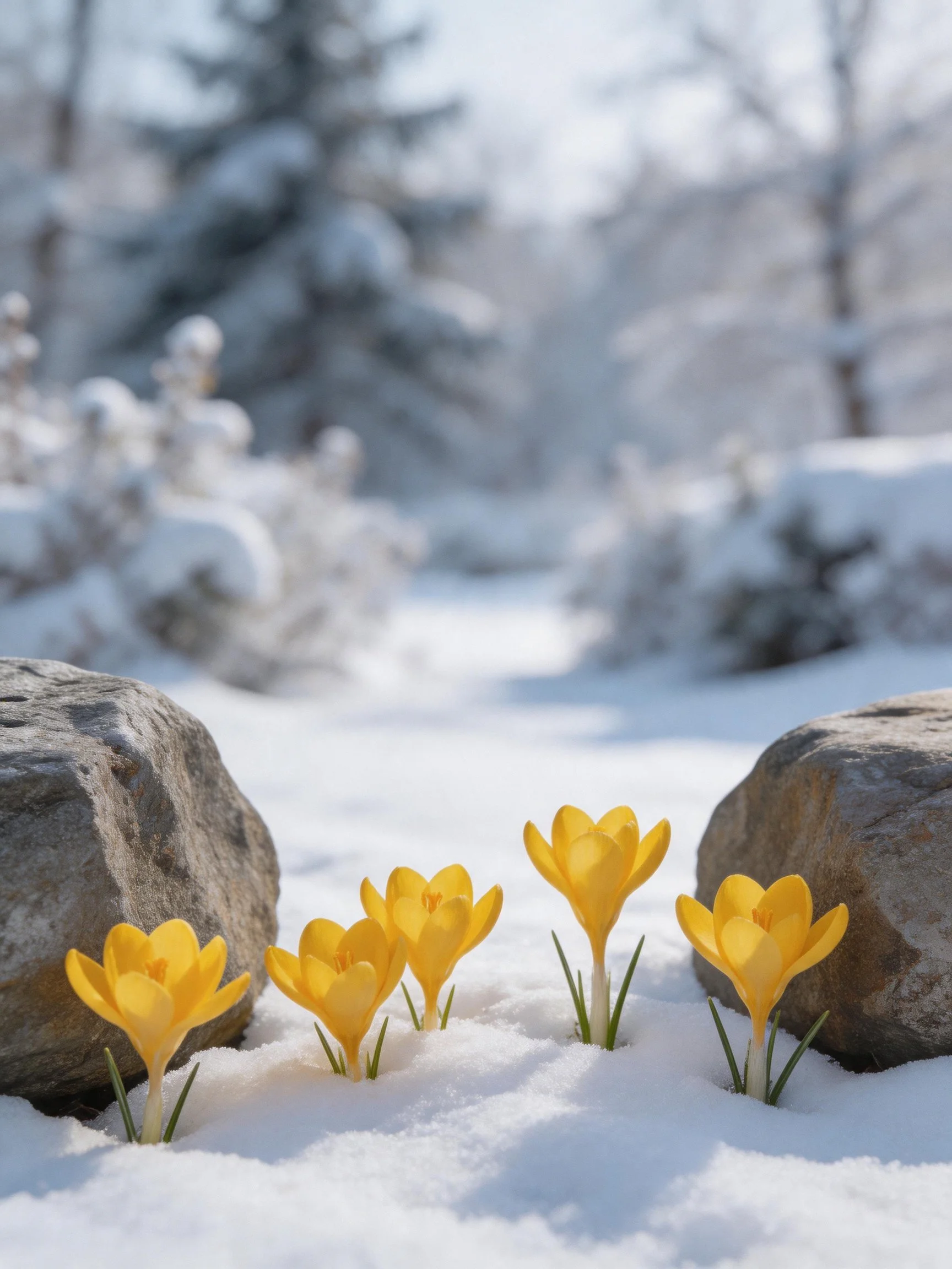 Five yellow crocuses bloom between two large rocks in a snowy landscape
