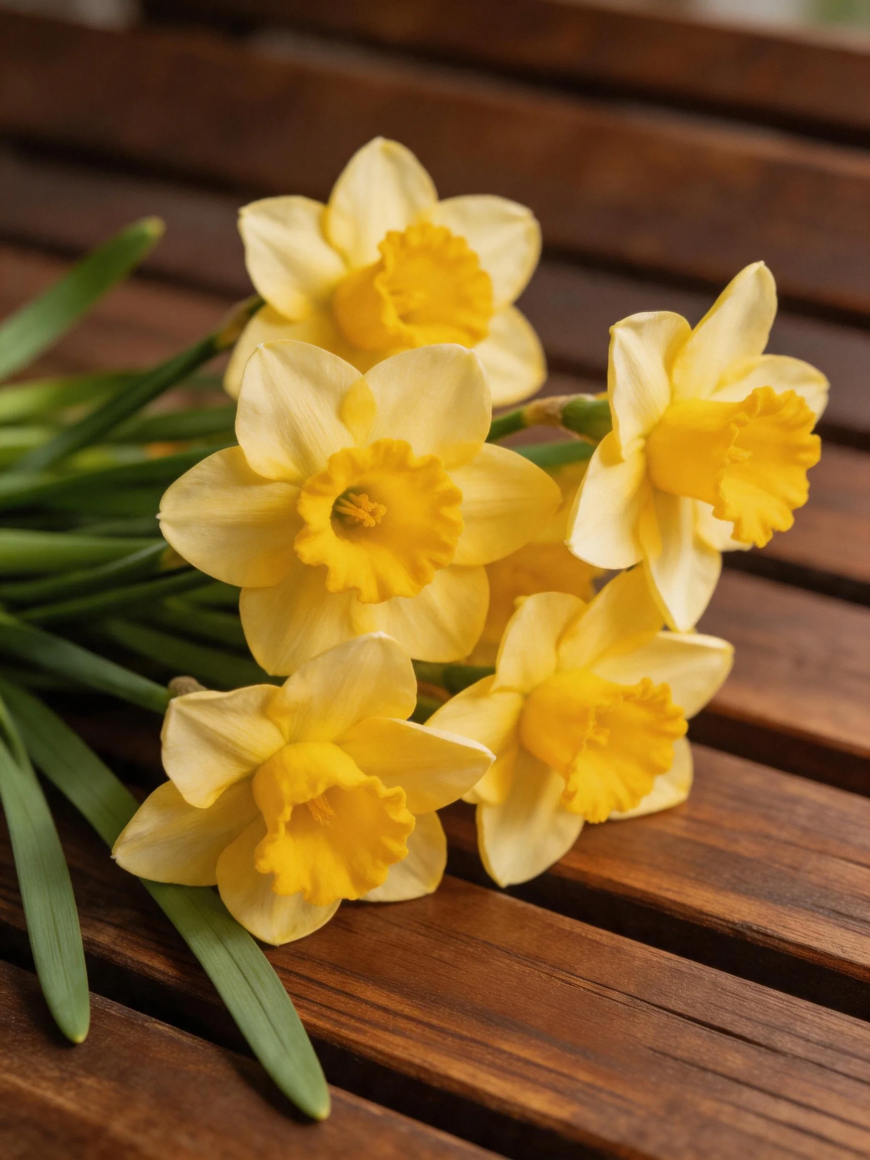 Five yellow daffodils arranged on a dark brown wooden slatted bench