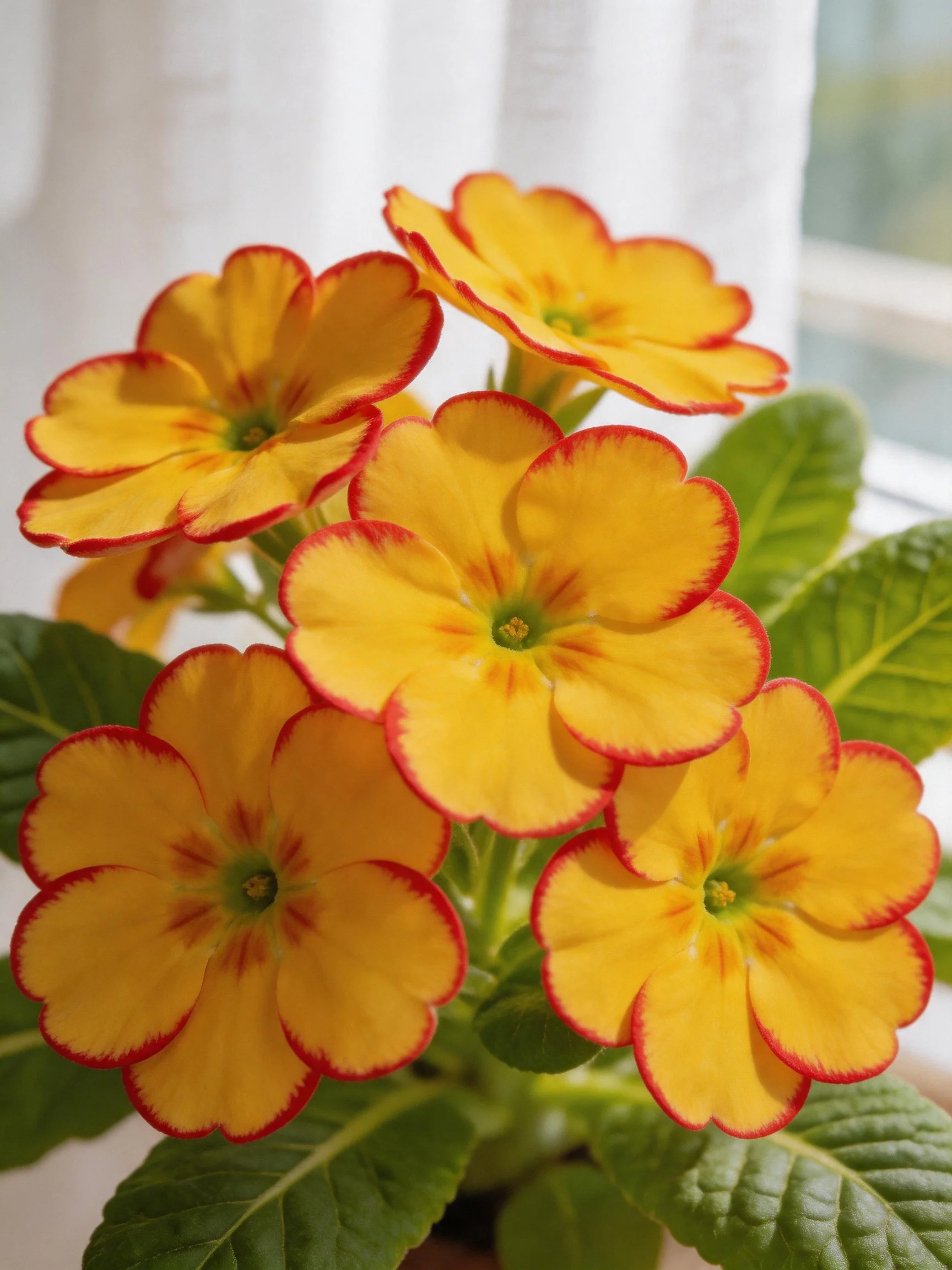 Five yellow primroses with red petal edges, lush green leaves