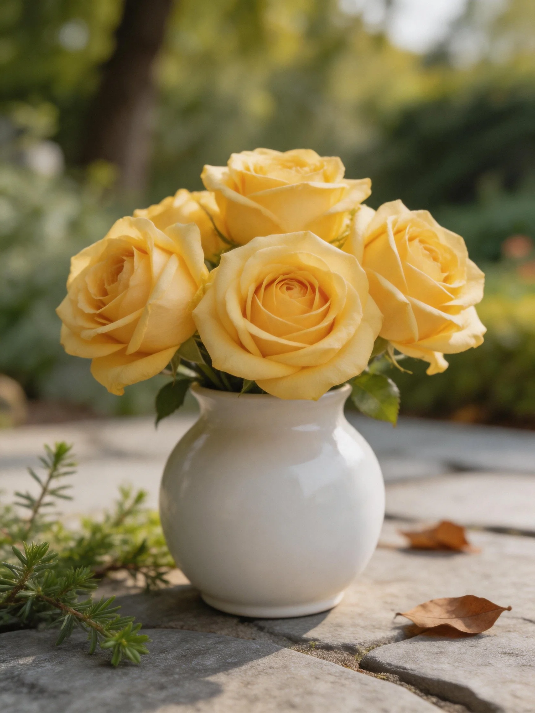 Five yellow roses arranged in a small white ceramic vase outdoors
