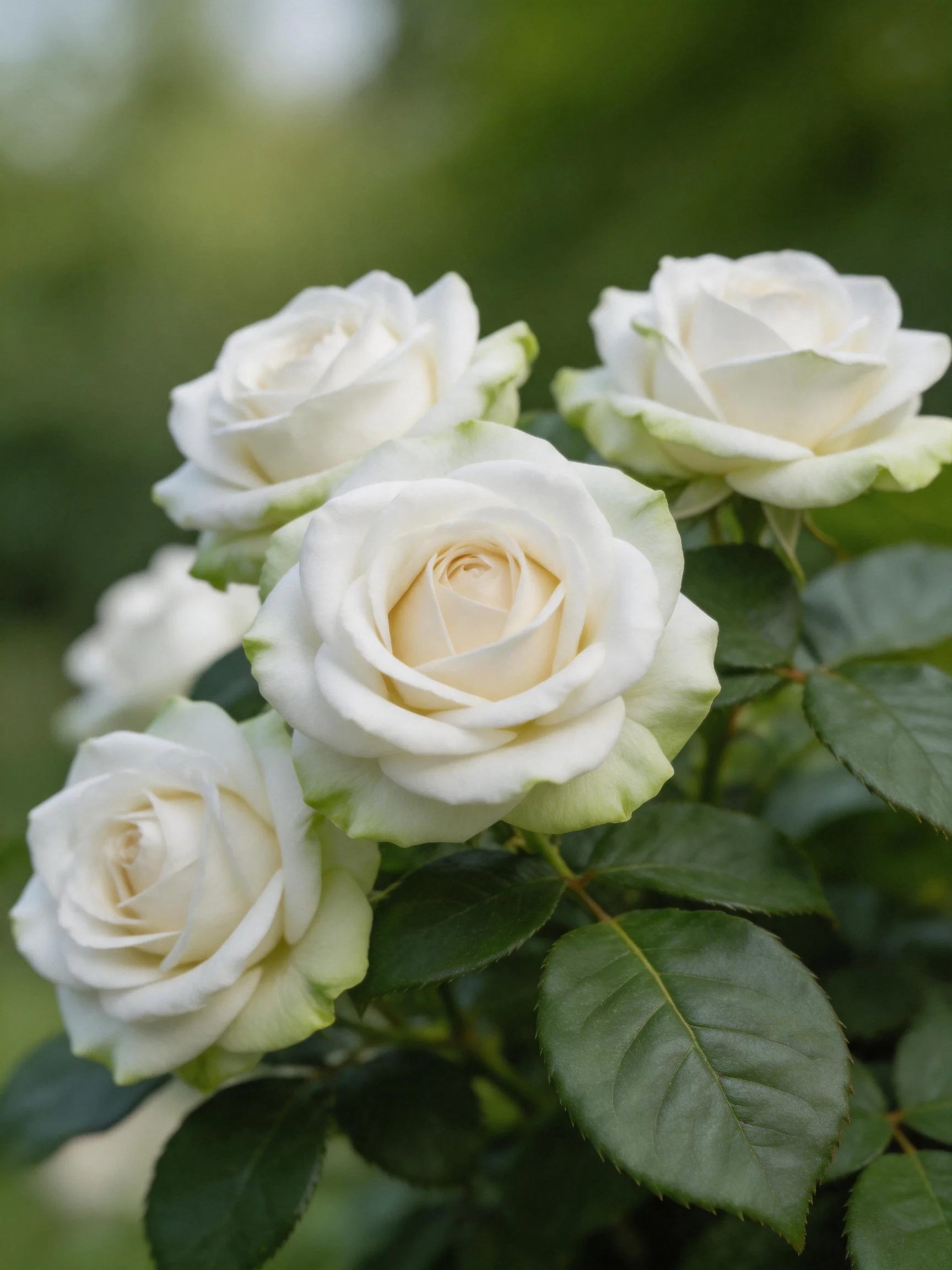 Fivewhite roses with green-tipped petals among dark green leaves
