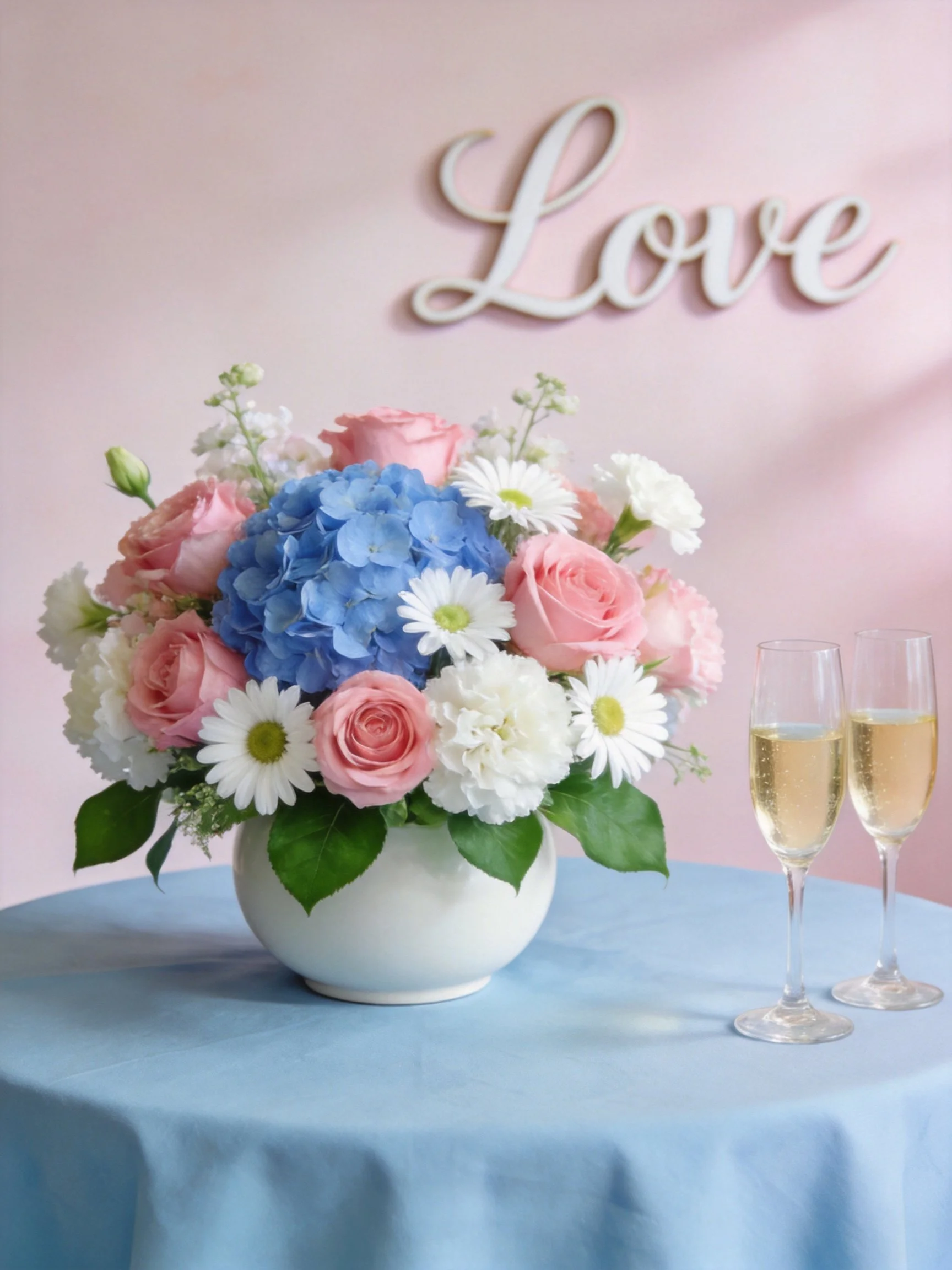 Floral arrangement with pink roses, blue hydrangeas, white blooms beside two champagne flutes on ligh