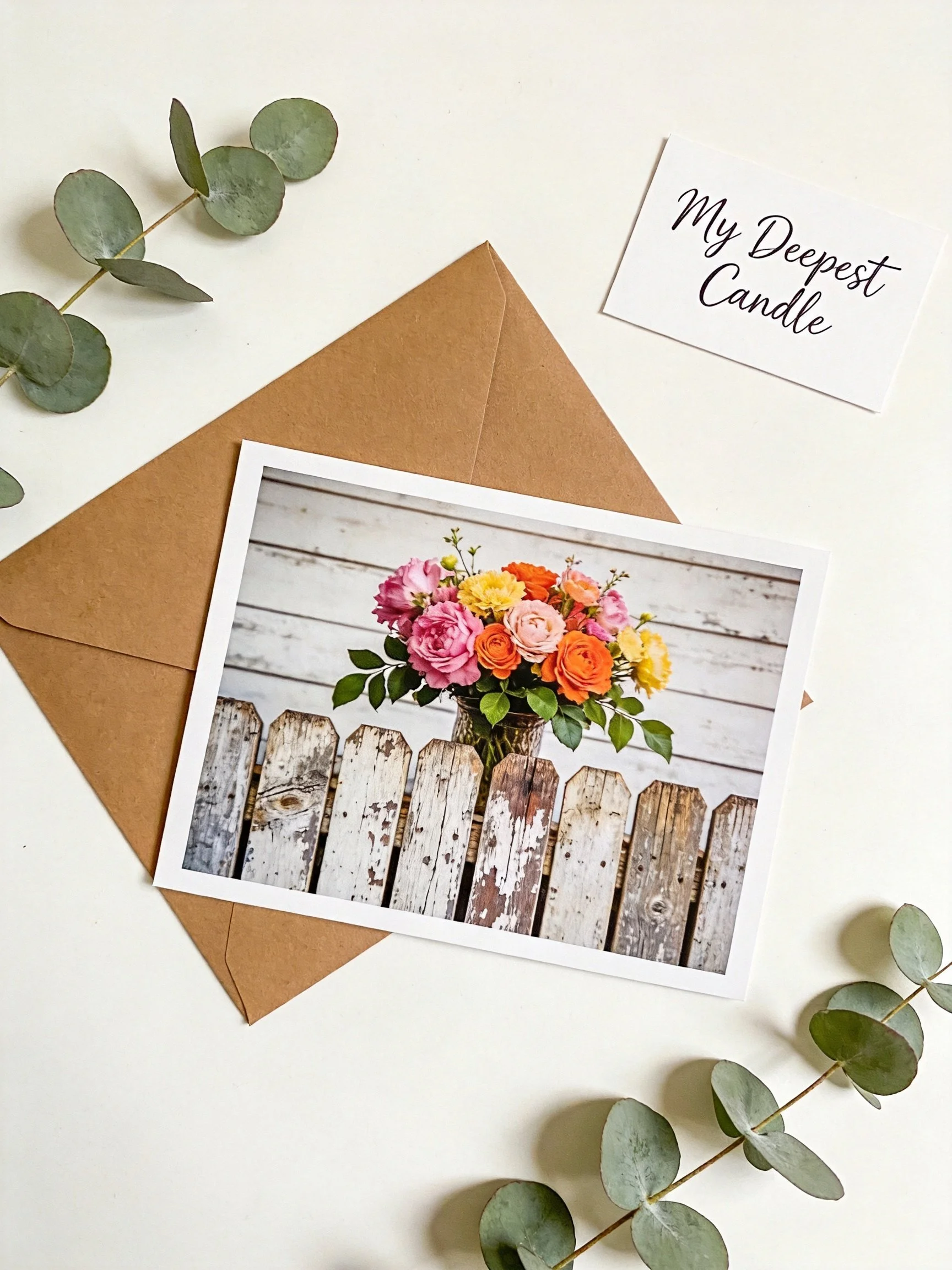 Floral card with vibrant blooms on brown envelope near eucalyptus leaves