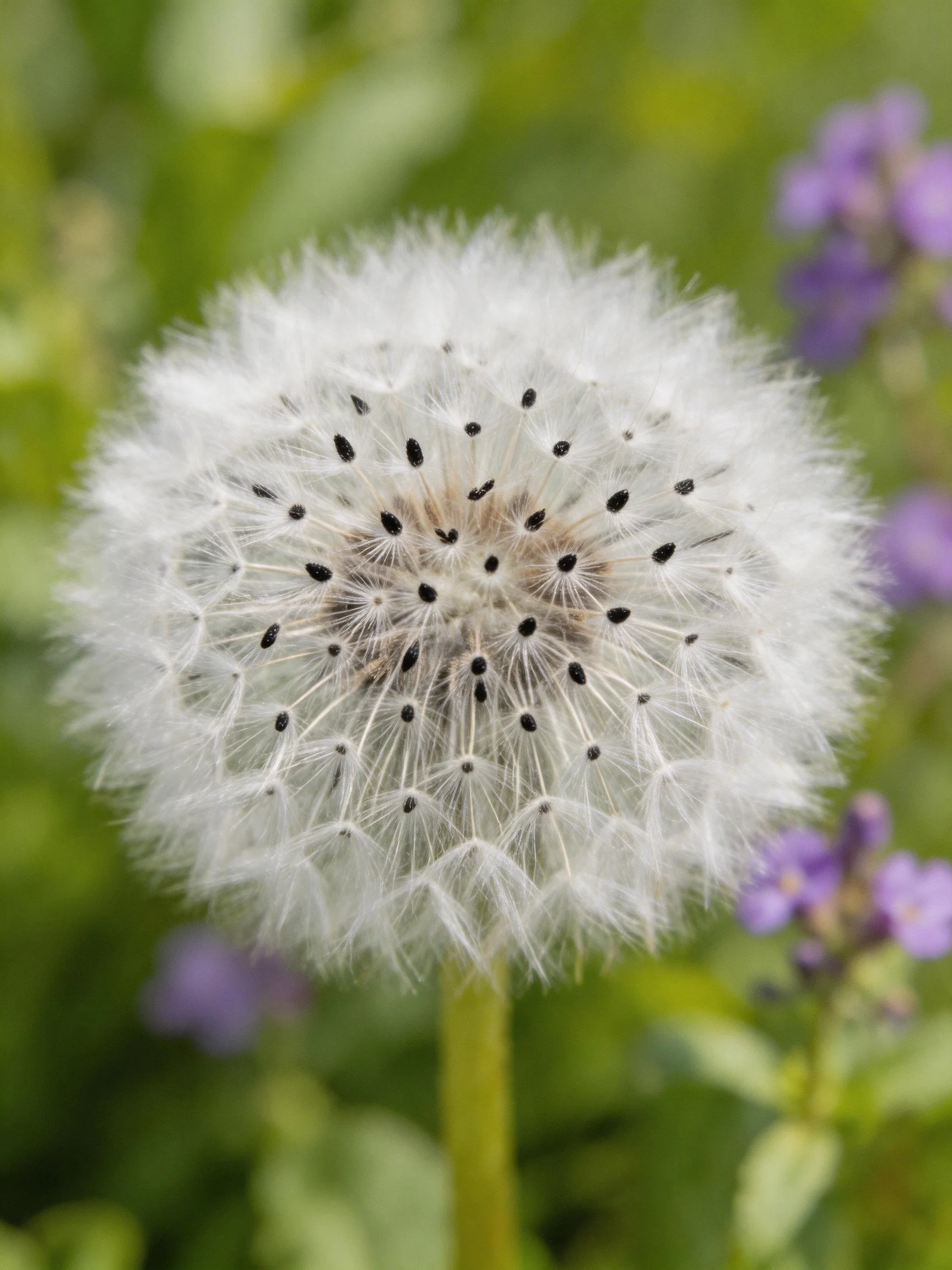 Fluffy white dandelion seed head with dark seeds amid green foliage