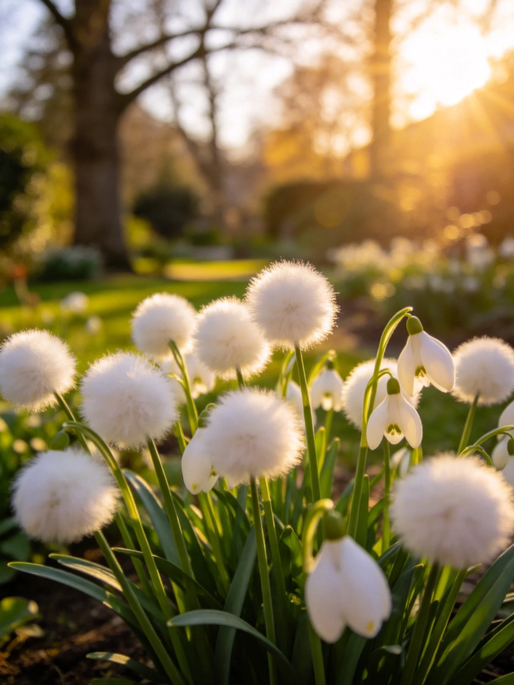 Fluffy white spherical flowers and snowdrops in sunlit garden