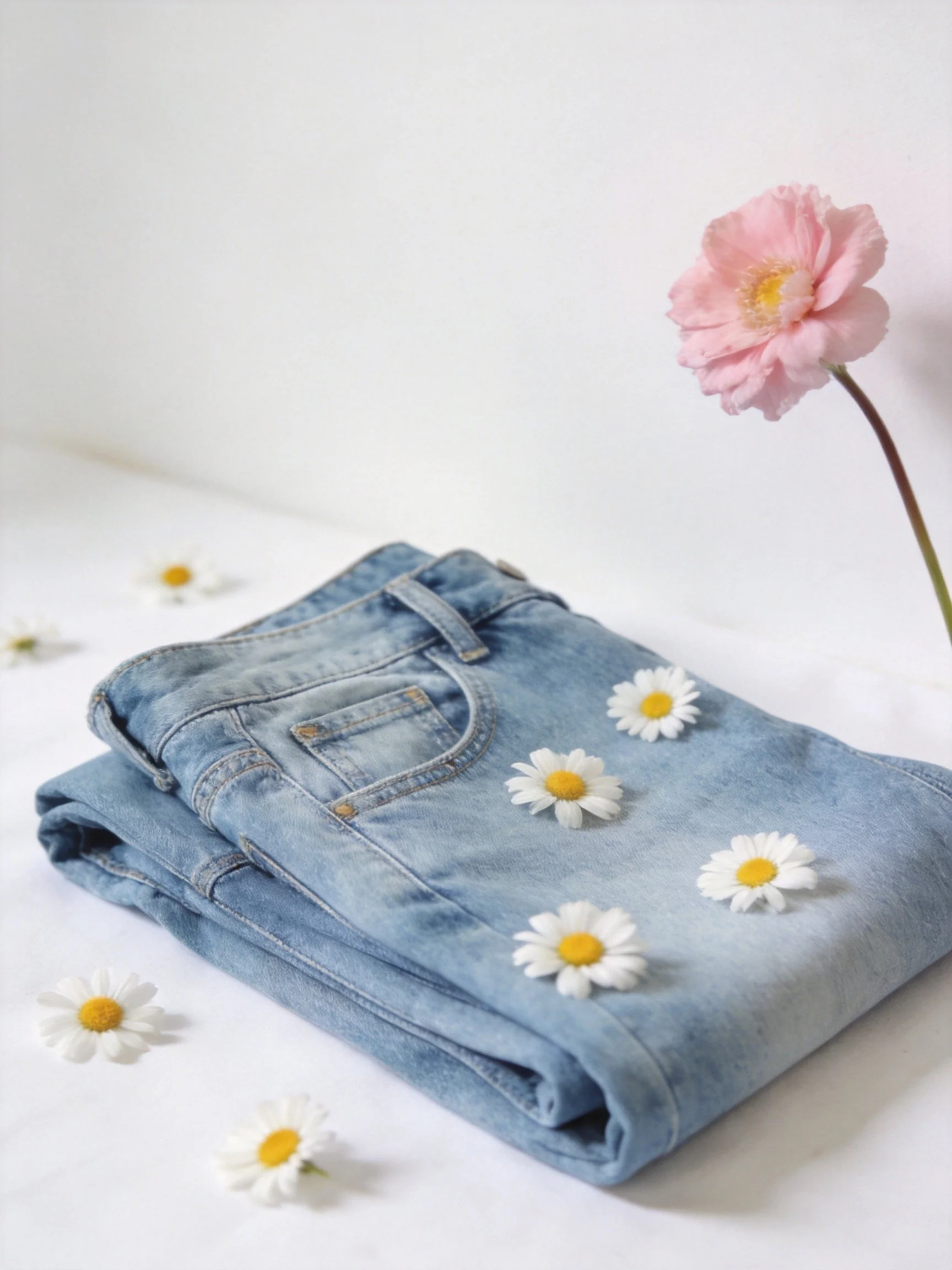 Folded light blue denim shorts with white daisies and a pink flower
