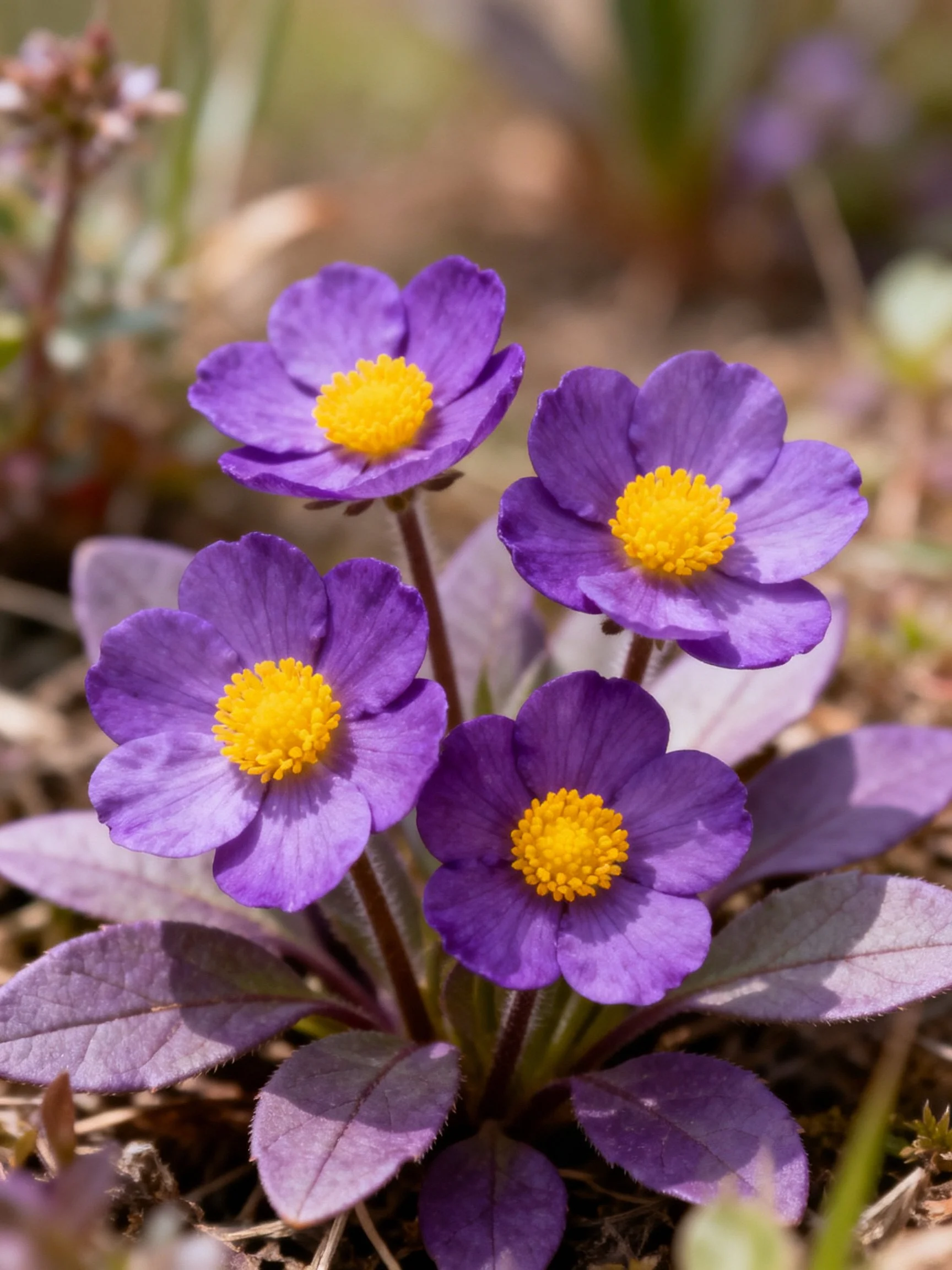 Four Purple Flowers with Bright Yellow Centers Among Foliage