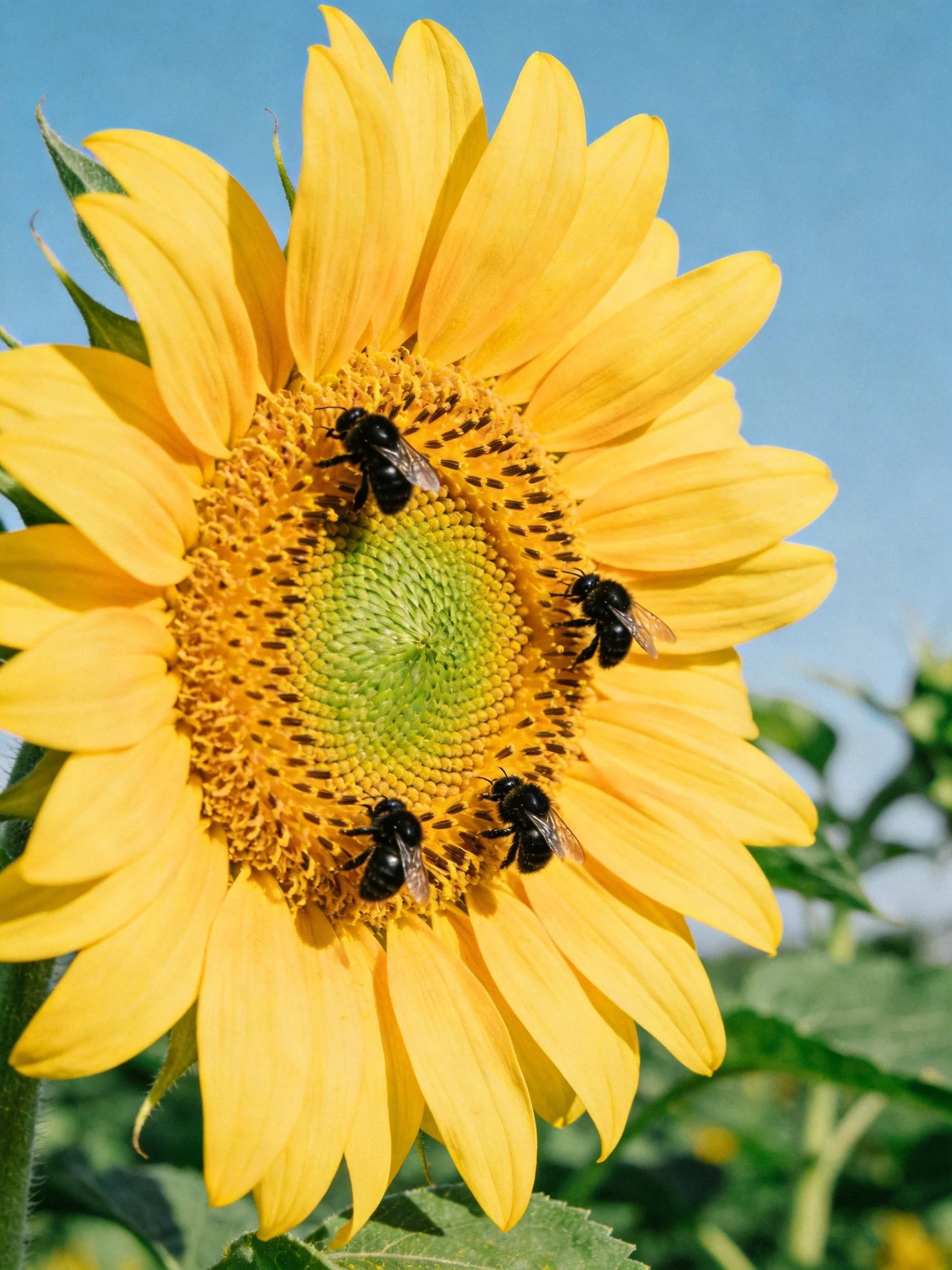 Four black bees gathering nectar from a vibrant yellow sunflower