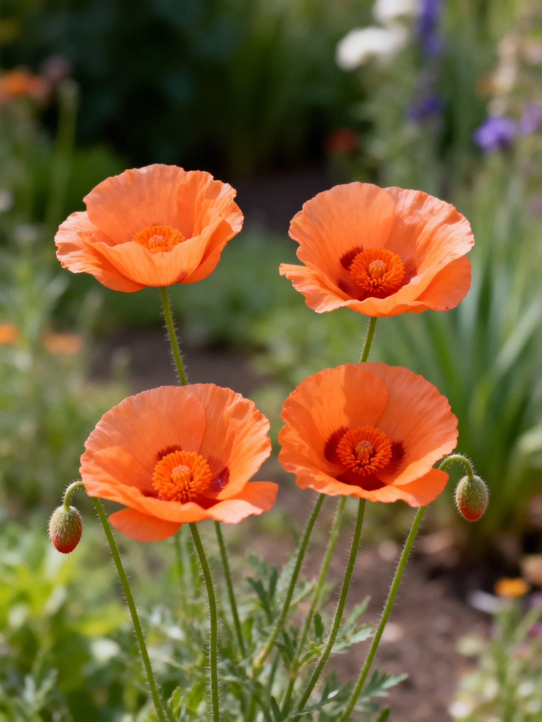 Four bright orange poppies blooming in a garden