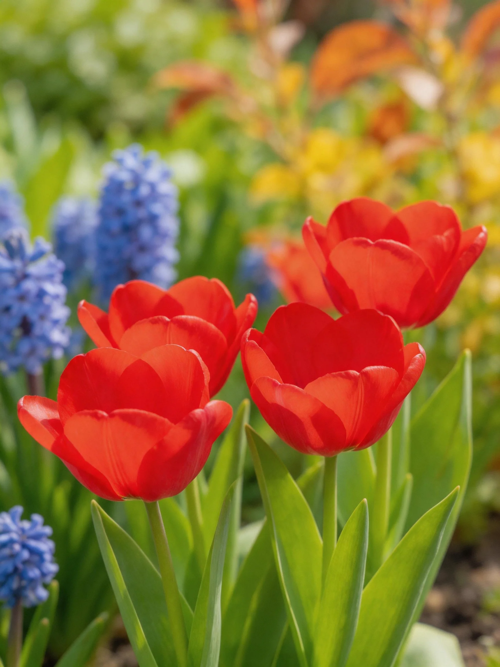 Four bright red tulips beside blue blooms with green foliage