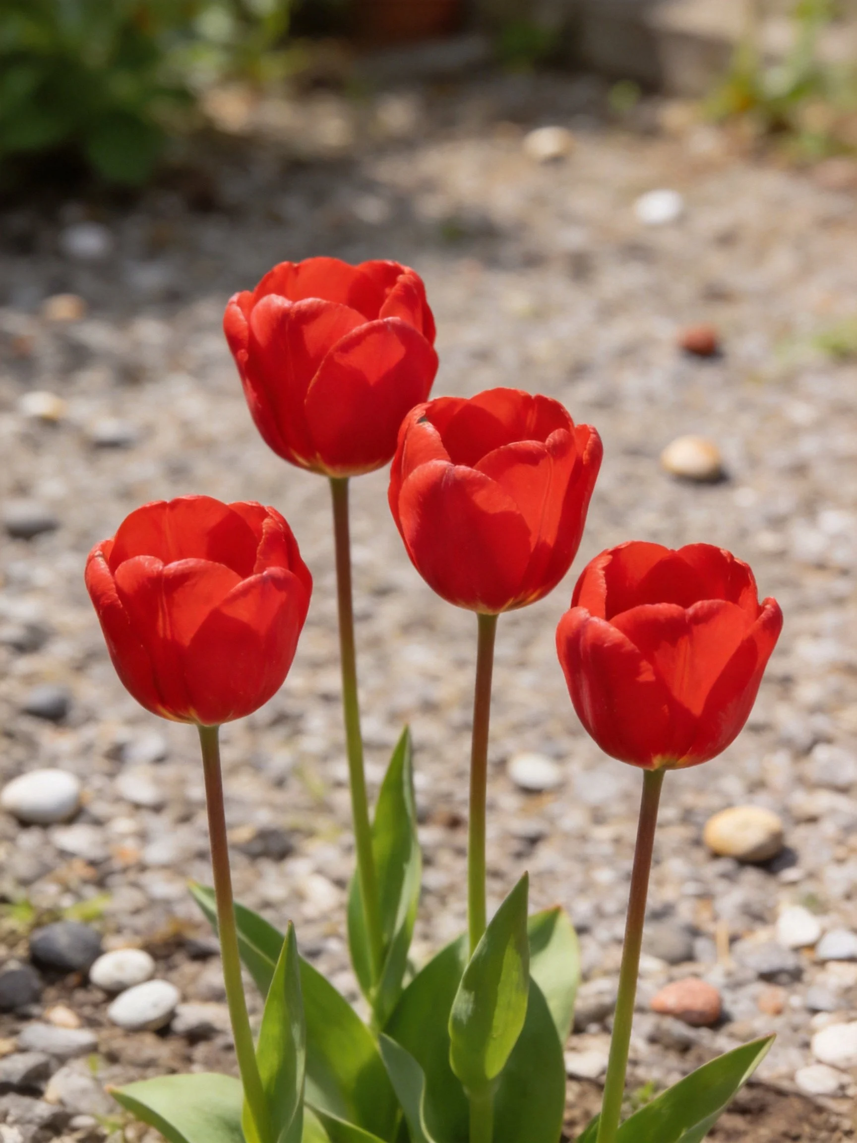 Four bright red tulips bloom amid gravel and pebbles