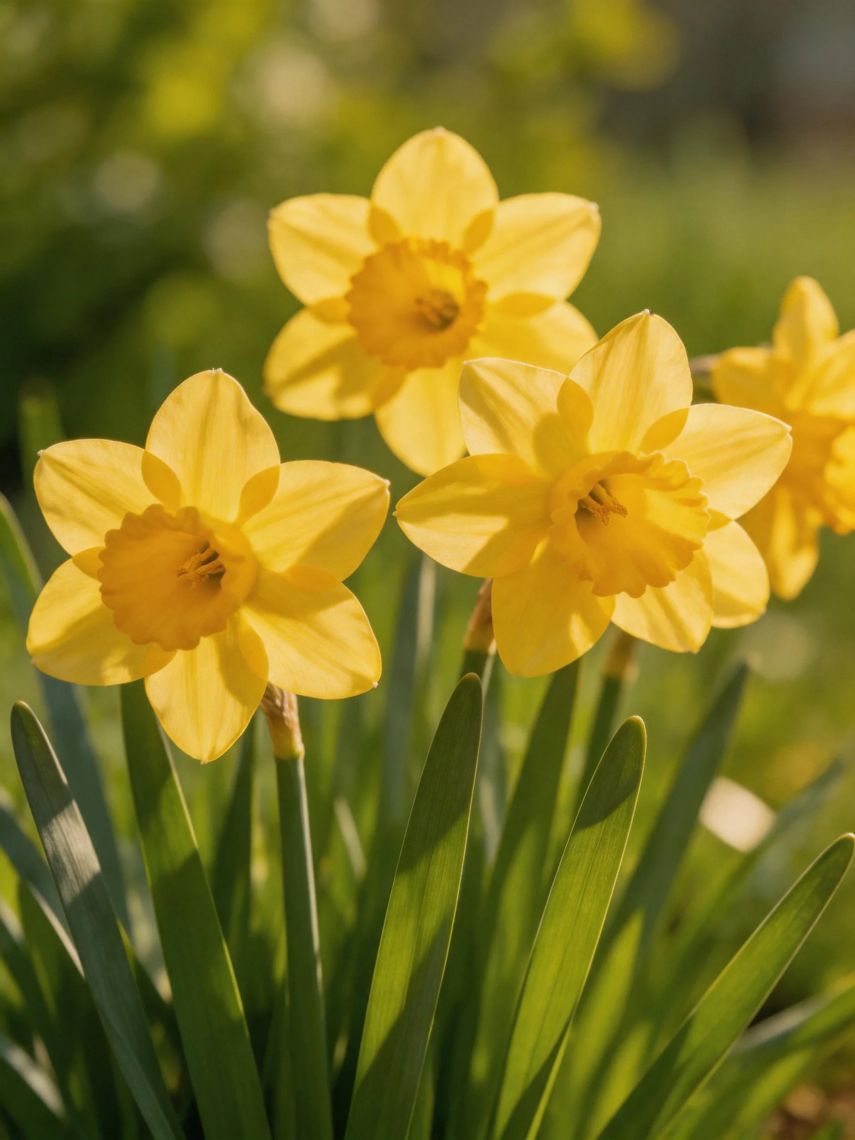 Four bright yellow daffodils blooming among green foliage