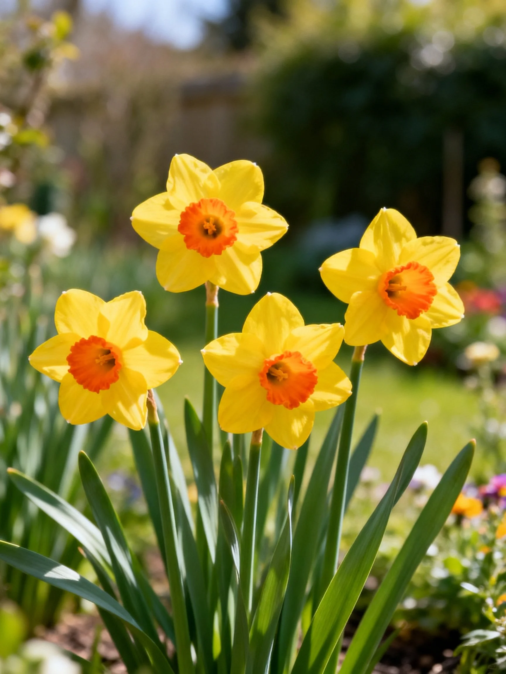 Four bright yellow daffodils with orange centers blooming in a garden