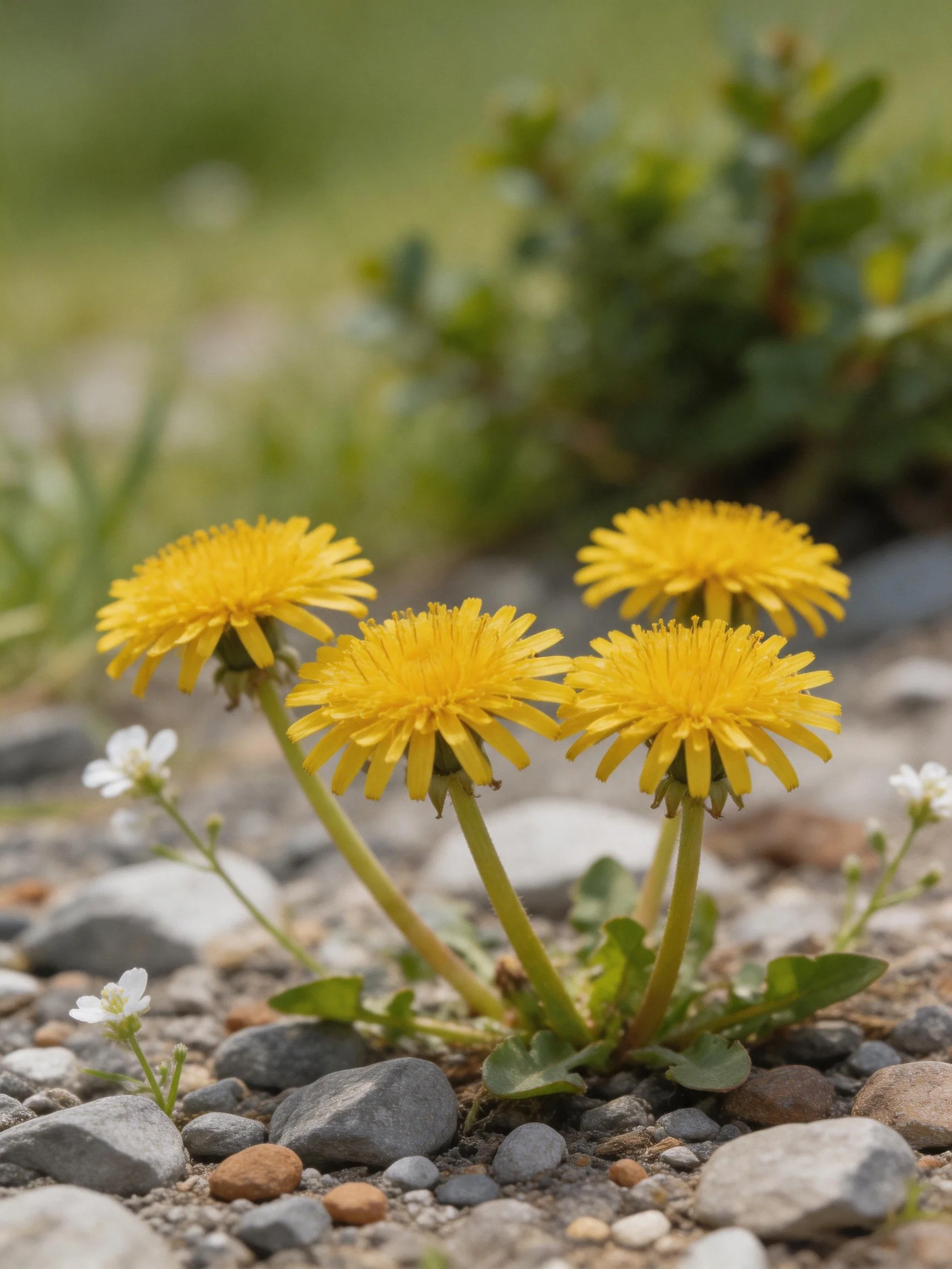 Four bright yellow dandelions among small white flowers and pebbly ground
