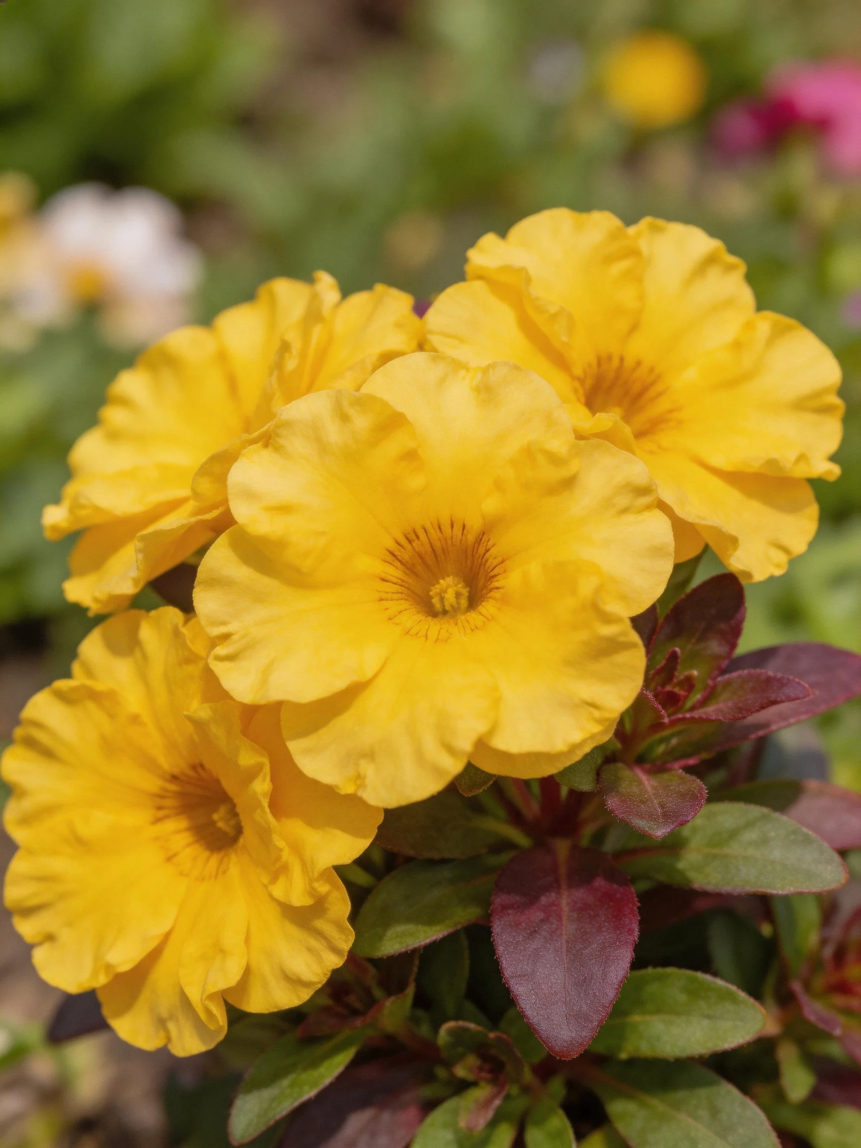 Four bright yellow flowers cluster among dark-green and burgundy foliage