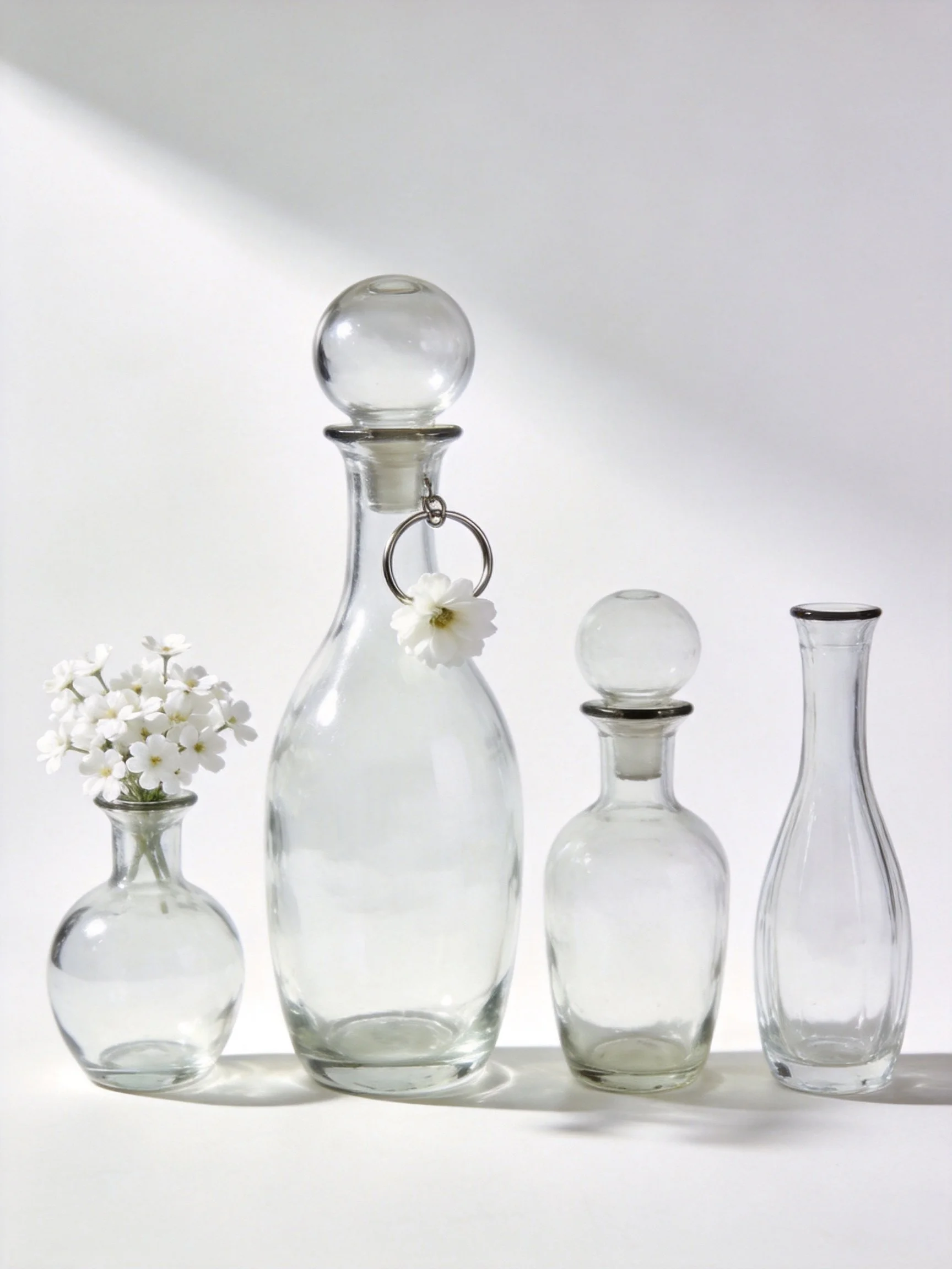 Four clear glass vessels, one with white floral decor