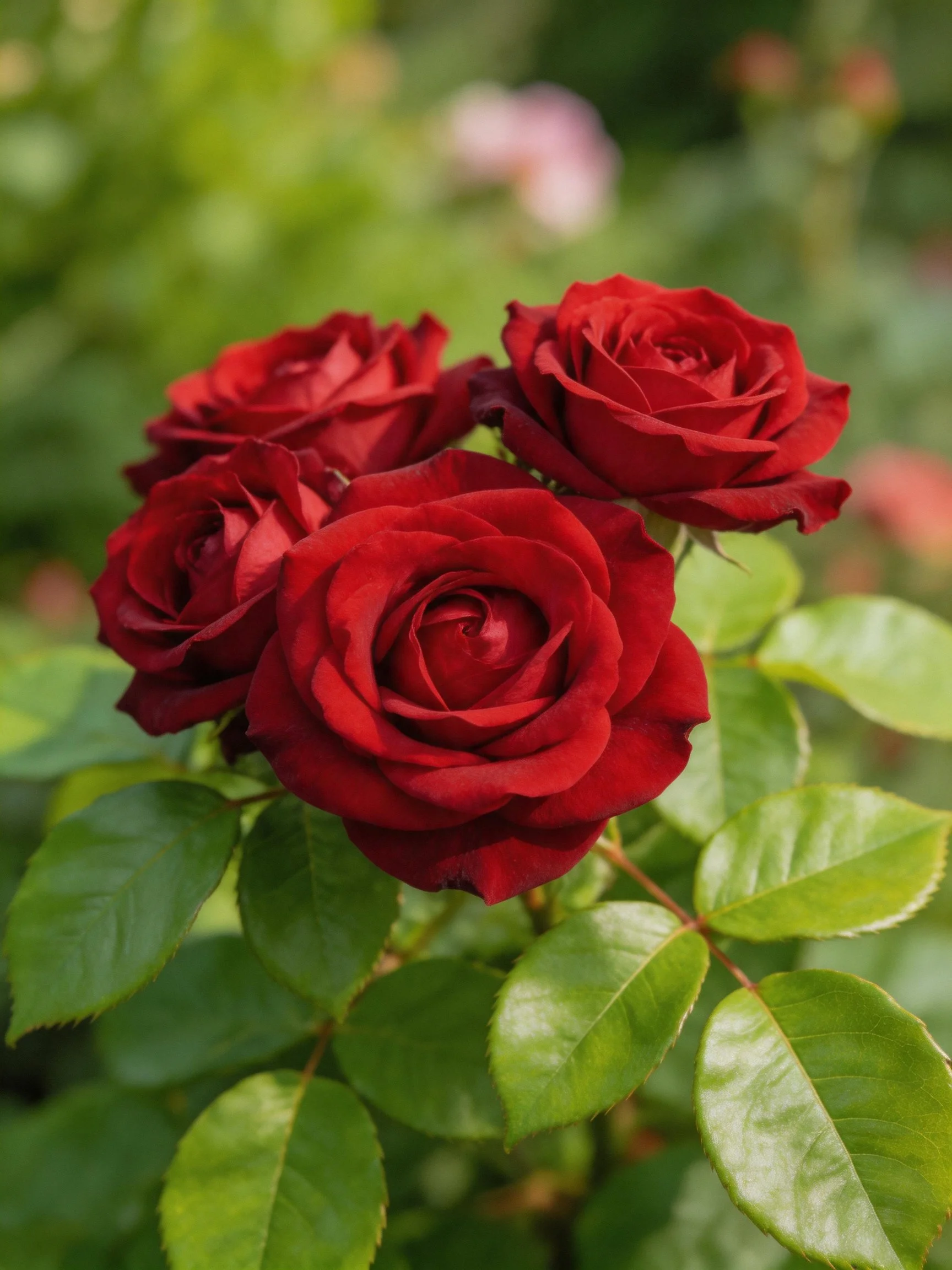 Four deep red roses surrounded by lush green leaves