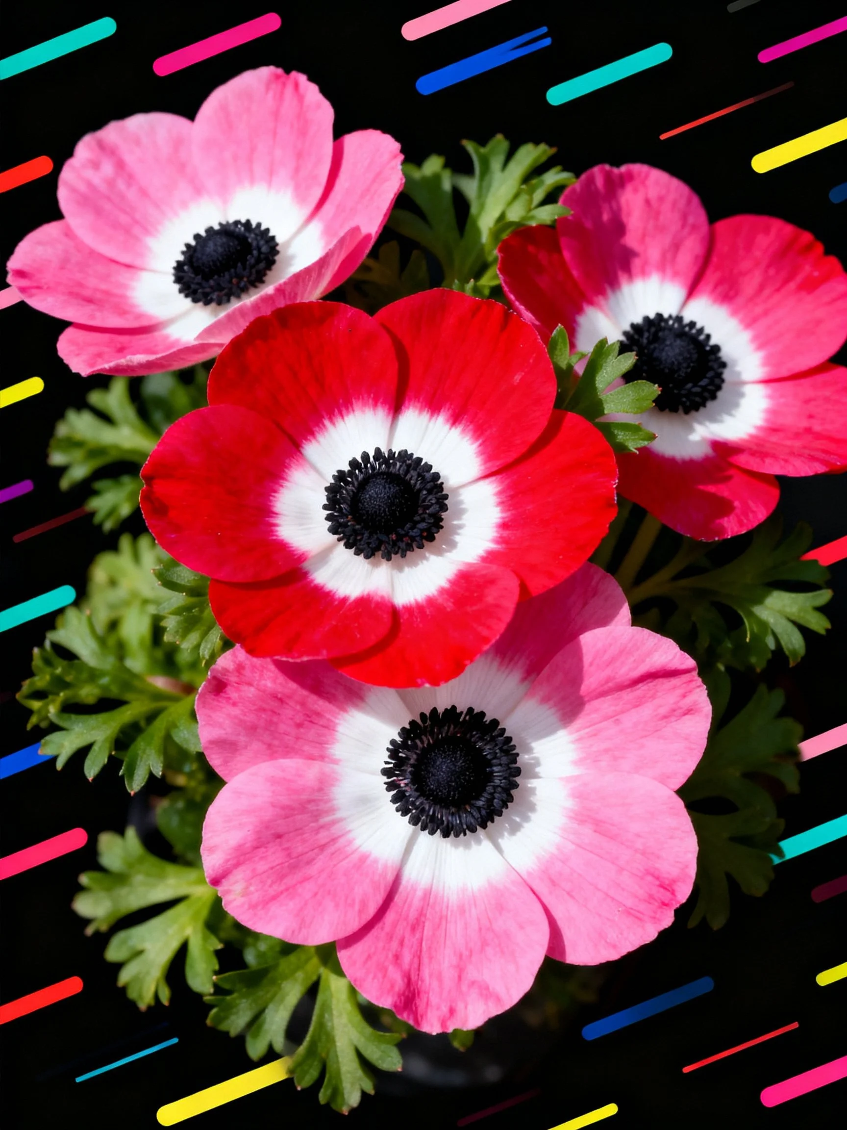 Four flowers with pink, red, white petals, black centers, green foliage, and multicolor diagonal stri