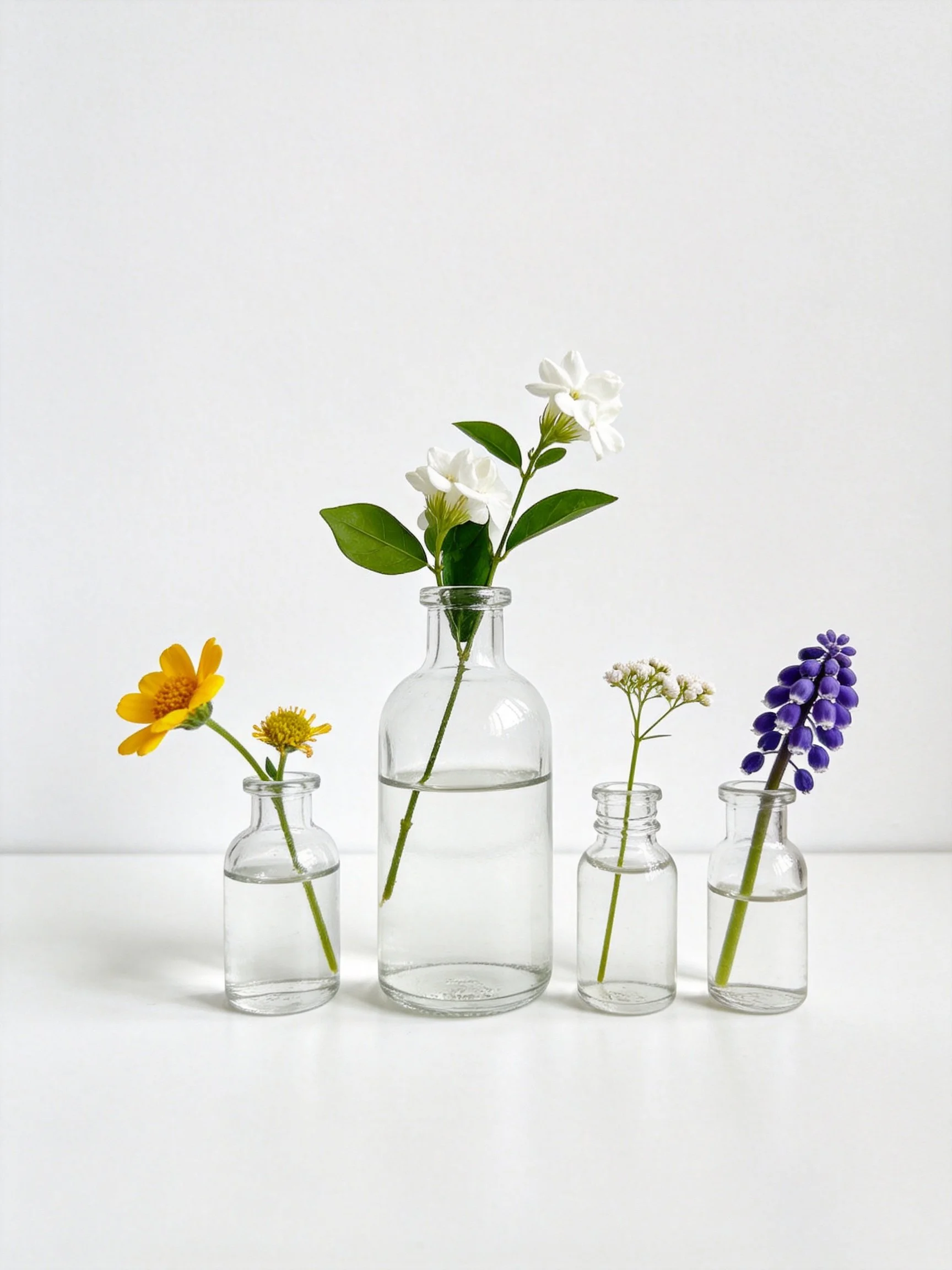 Four glass vases hold assorted flowers in clear water