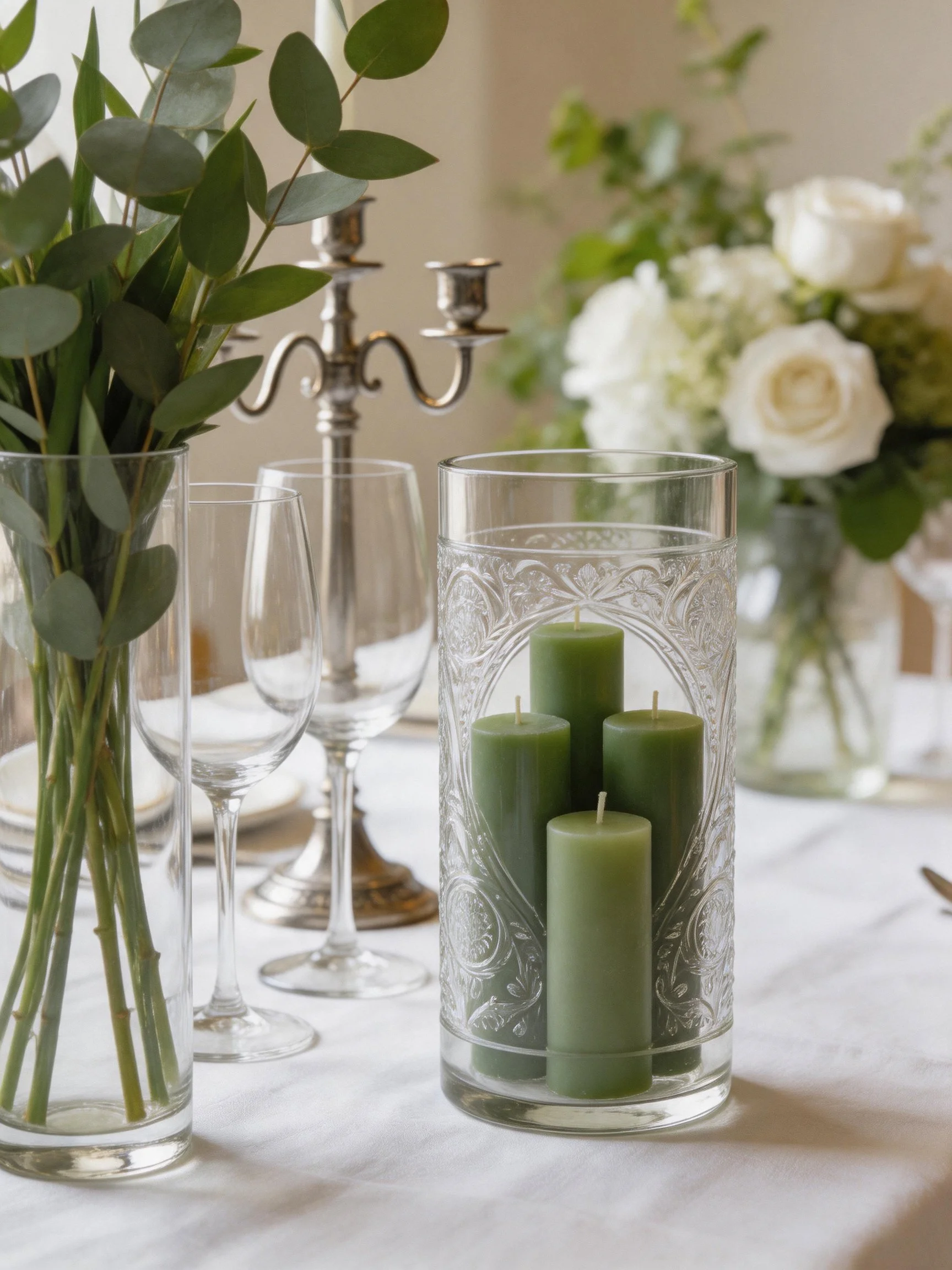 Four green candles in an etched glass vase; white roses, eucalyptus, wine glasses, silver candelabra
