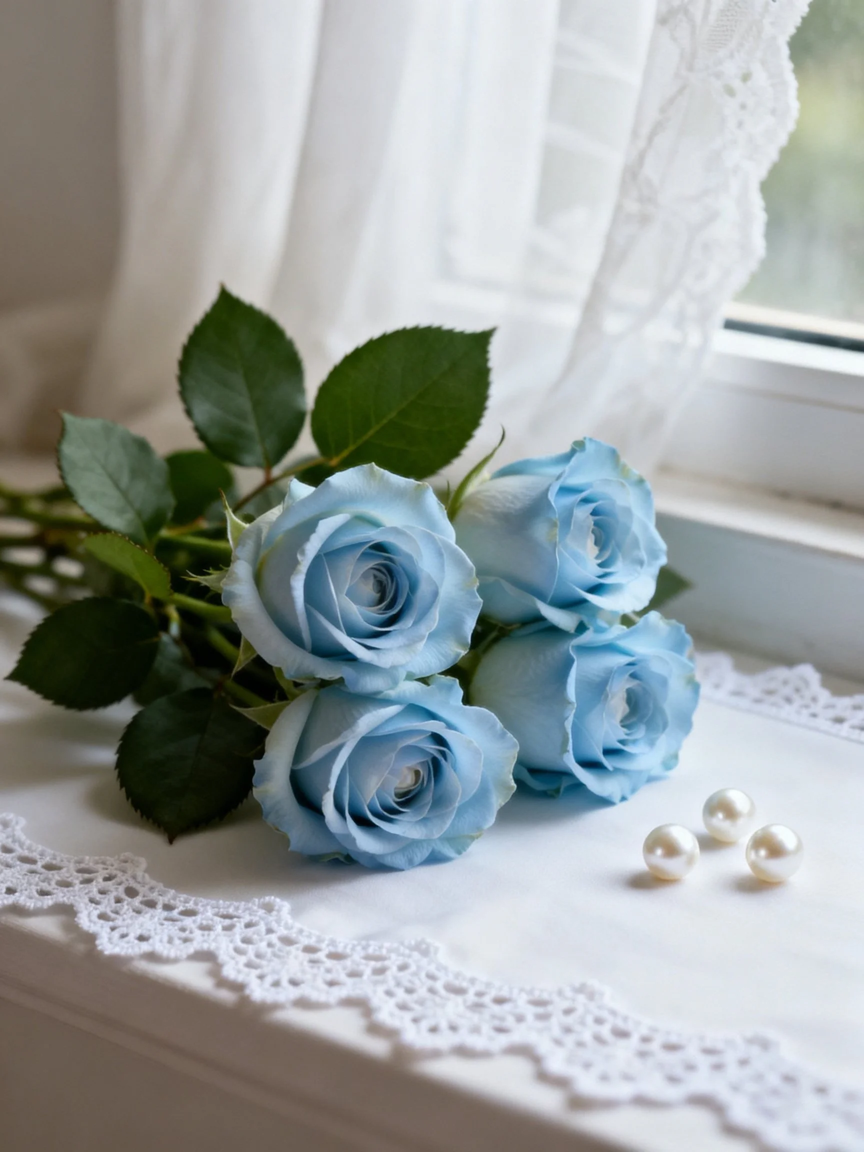 Four light blue roses, white pearls, and lace on a windowsill