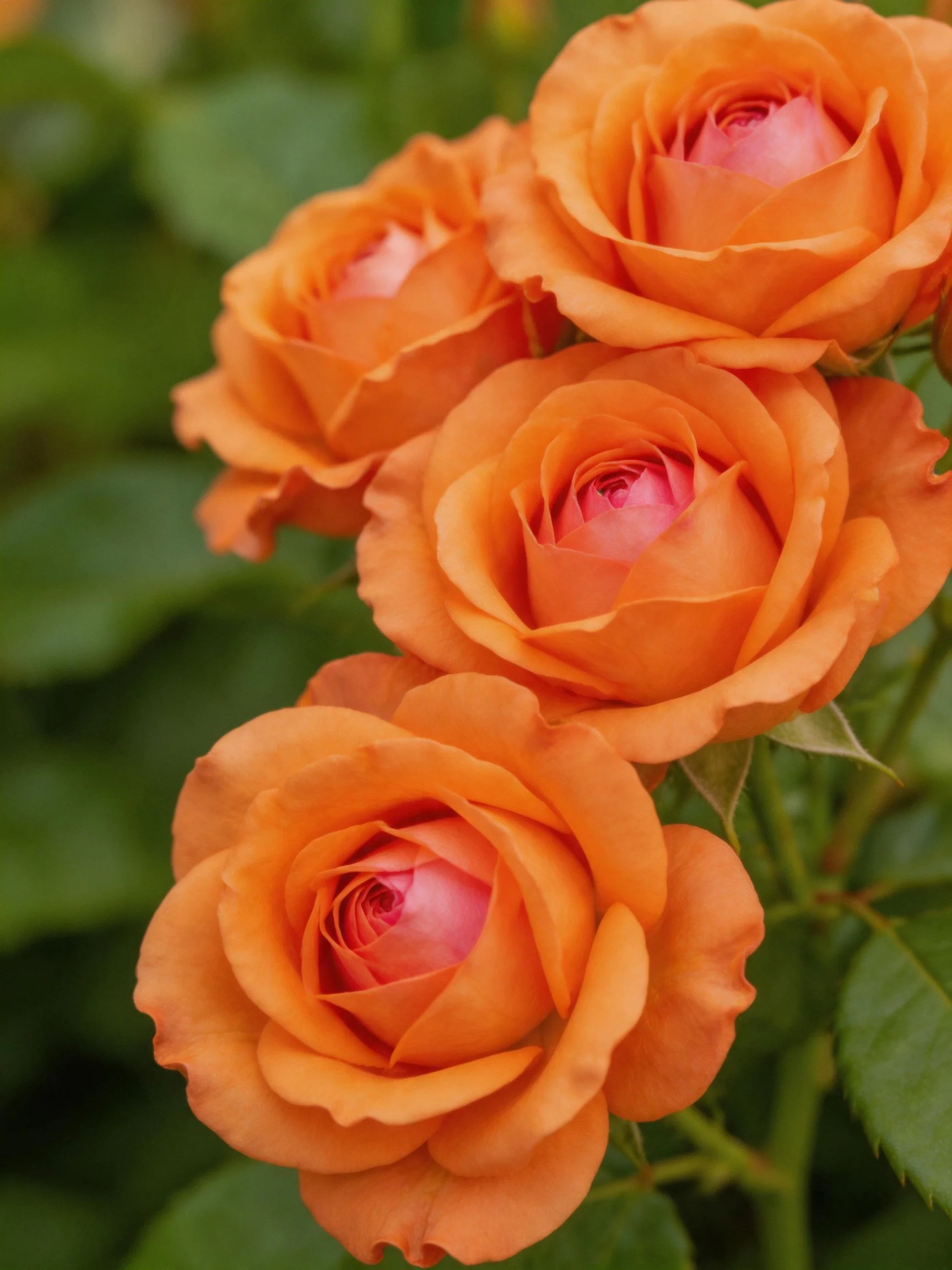Four orange roses with pink centers surrounded by greenery