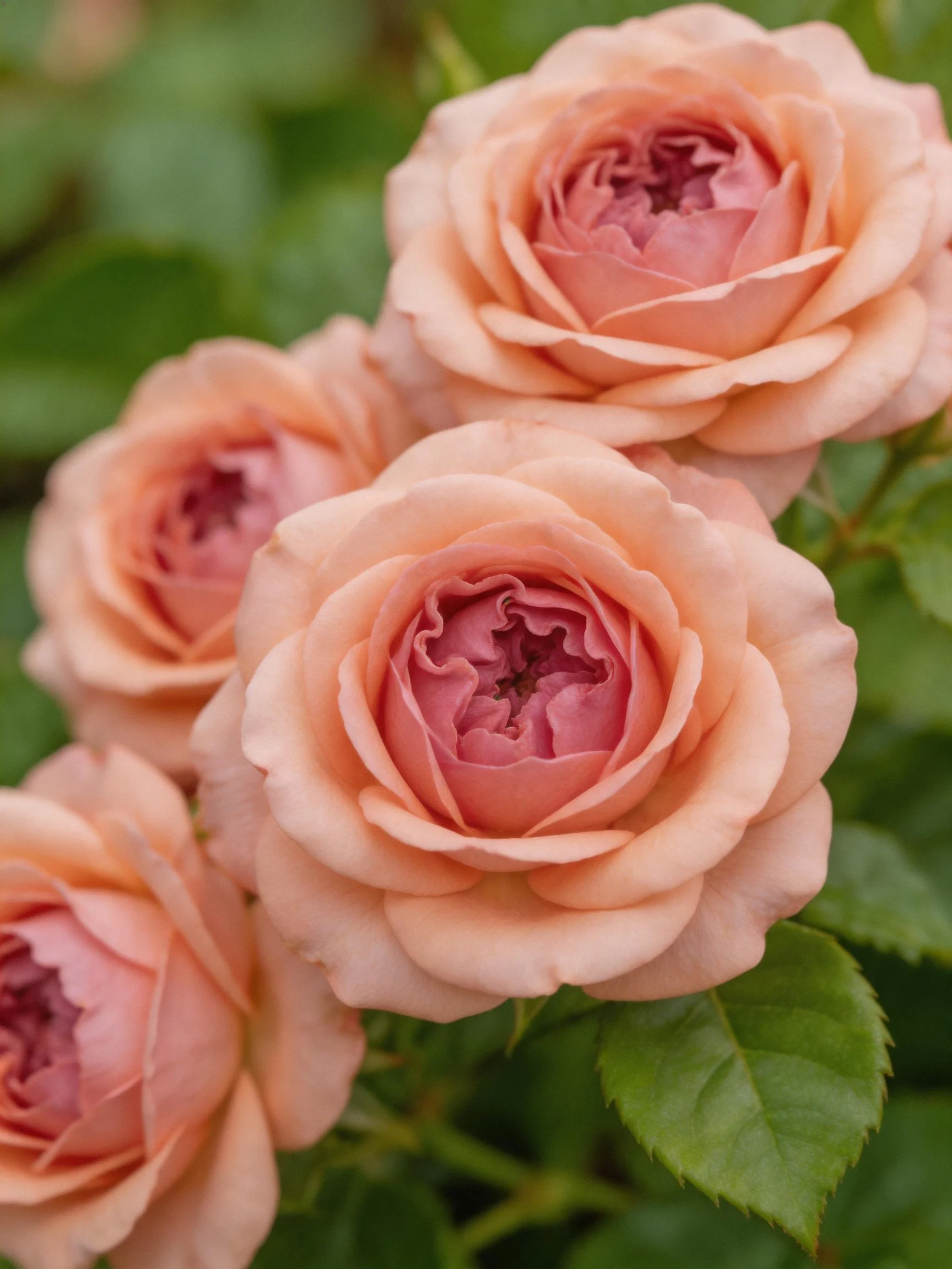 Four peach-hued roses bloom amid lush green leaves