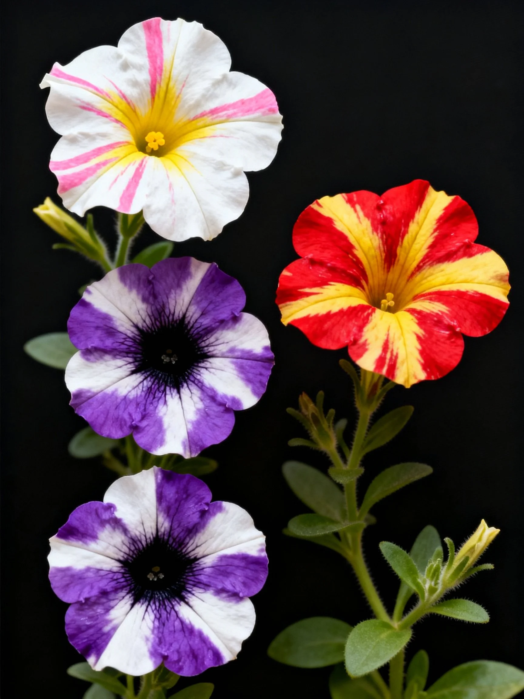 Four petunia flowers with distinct color patterns