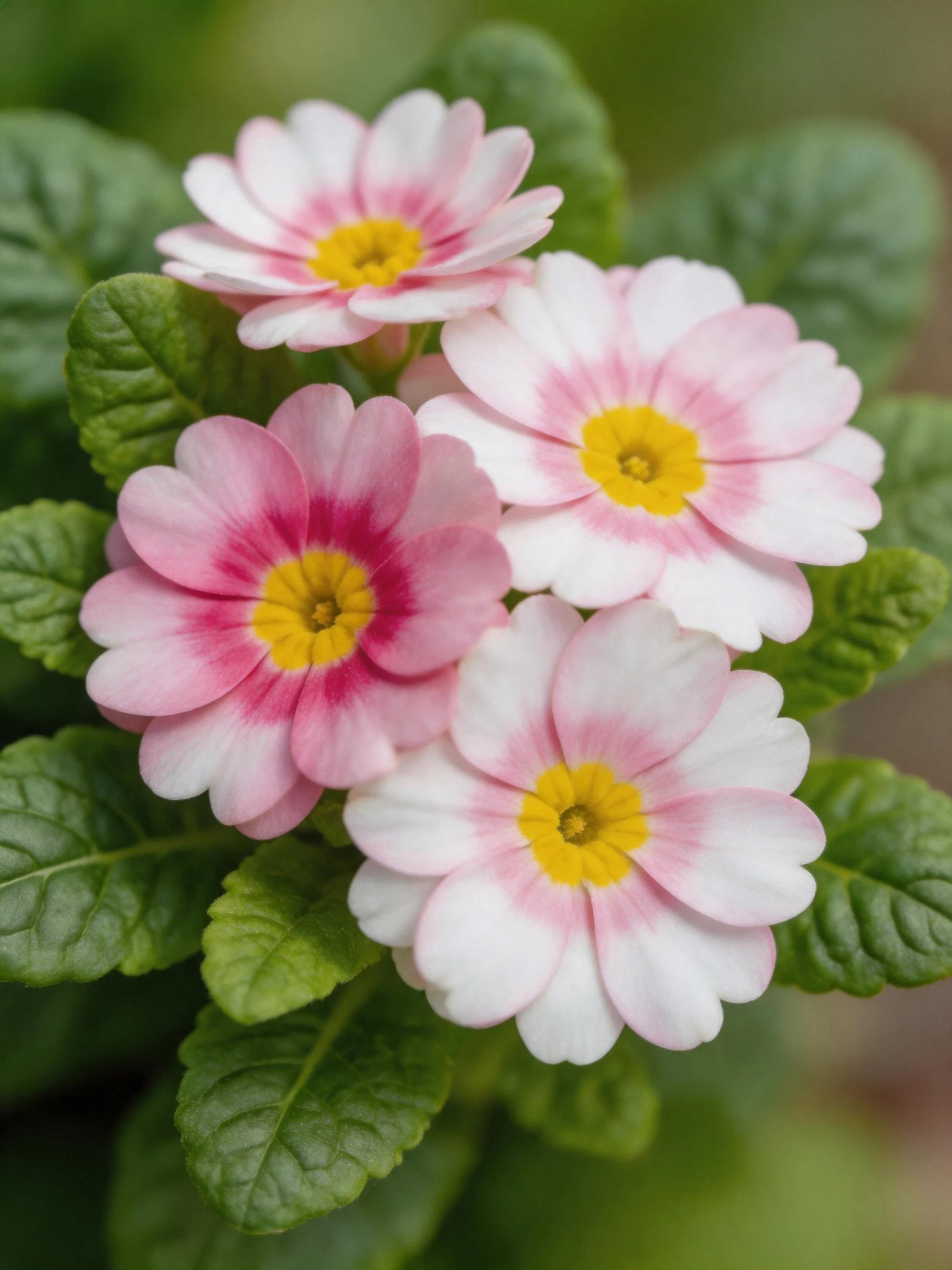 Four pink and white primrose flowers with green foliage