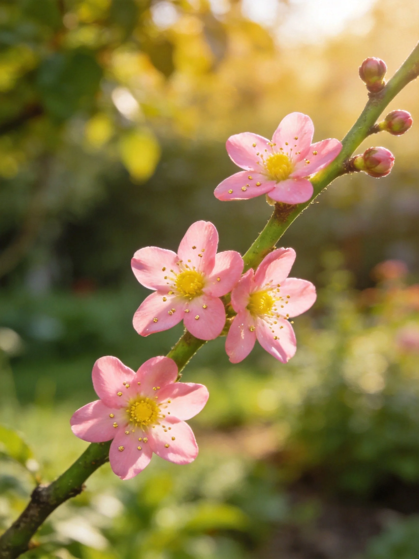 Four pink blossoms with yellow centers on a branch, soft sunlight