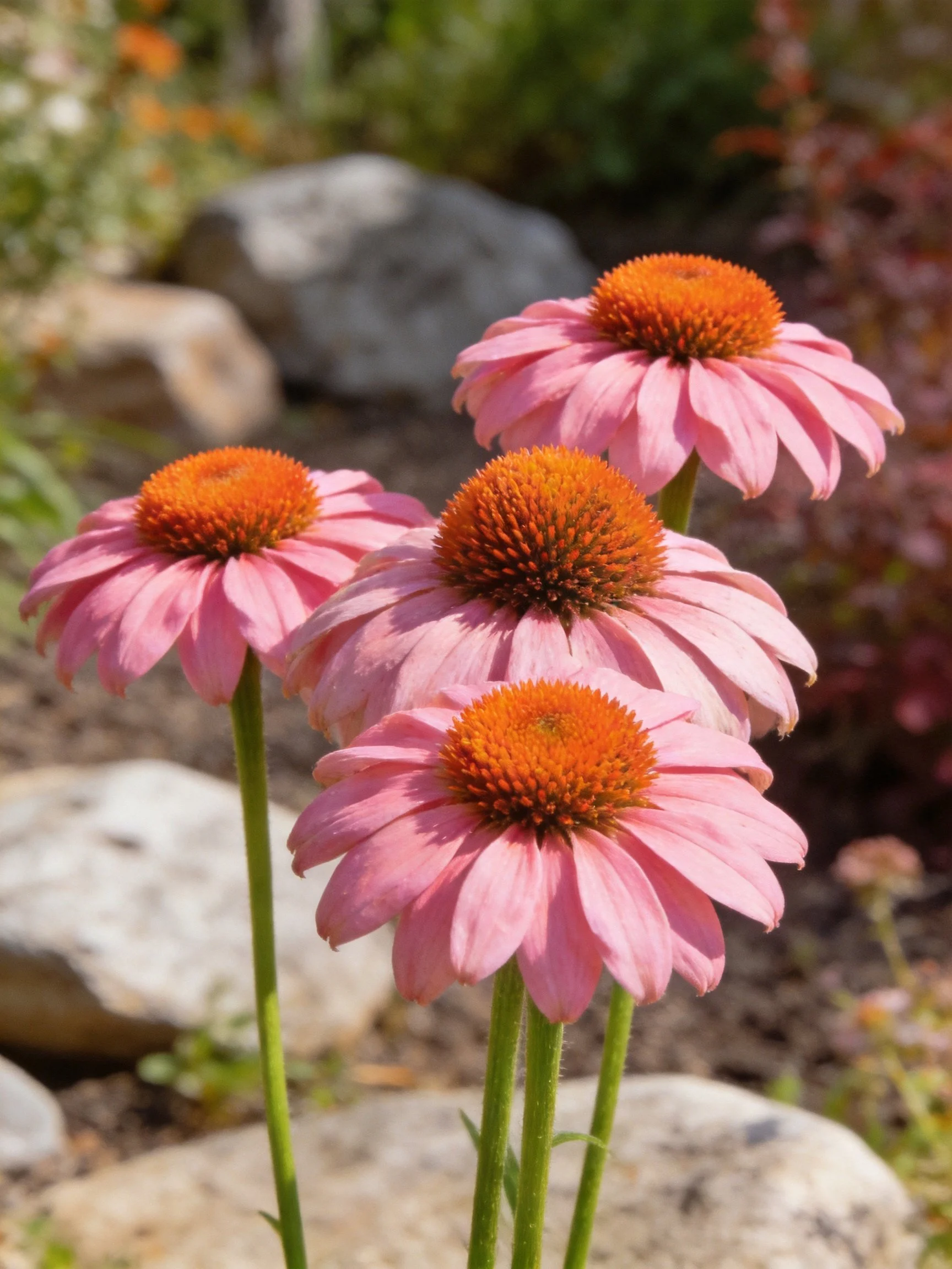 Four pink coneflowers with orange centers in a garden landscape