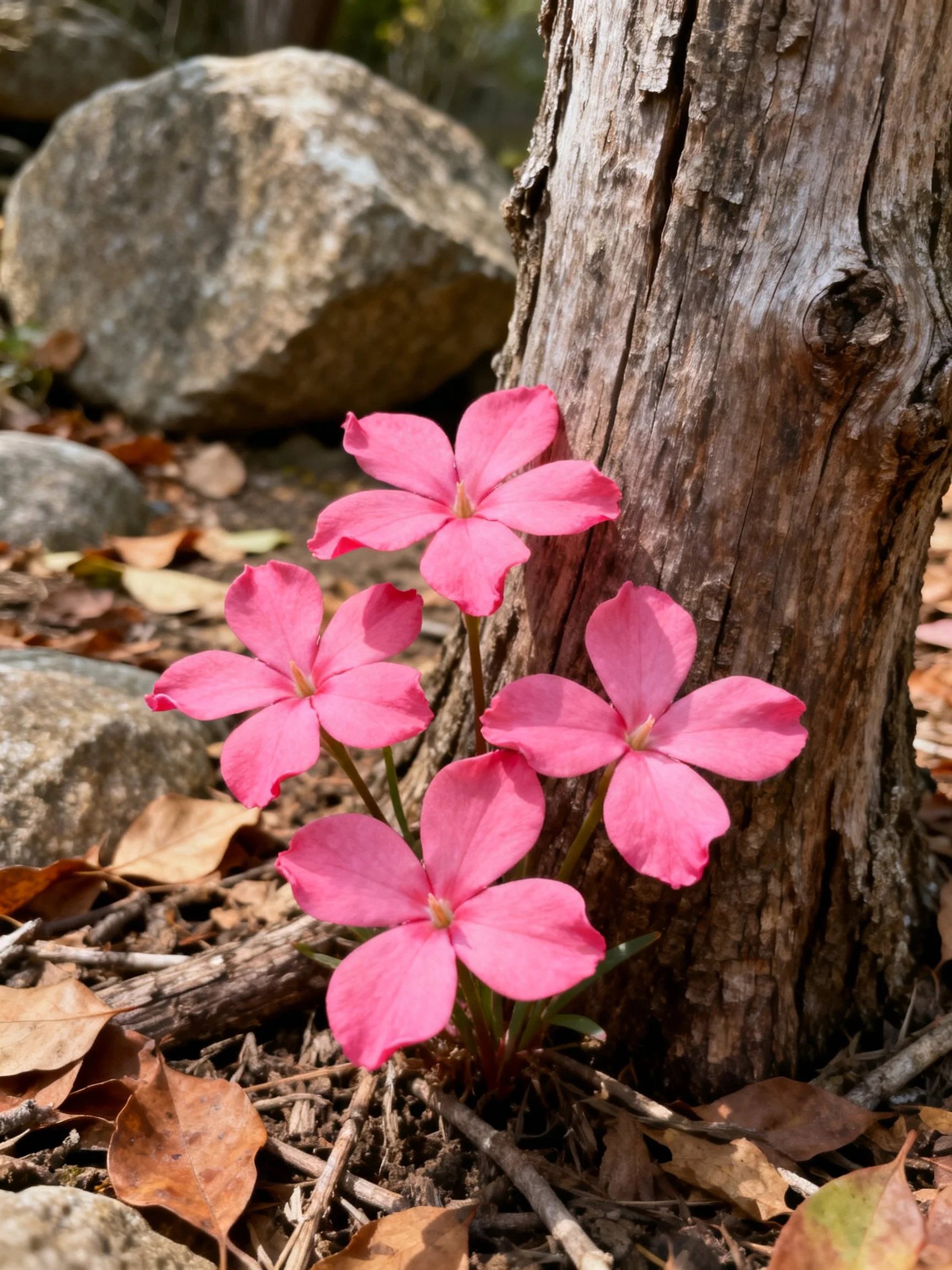 Four pink flowers cluster beside a weathered tree trunk with rocks and dry leaves