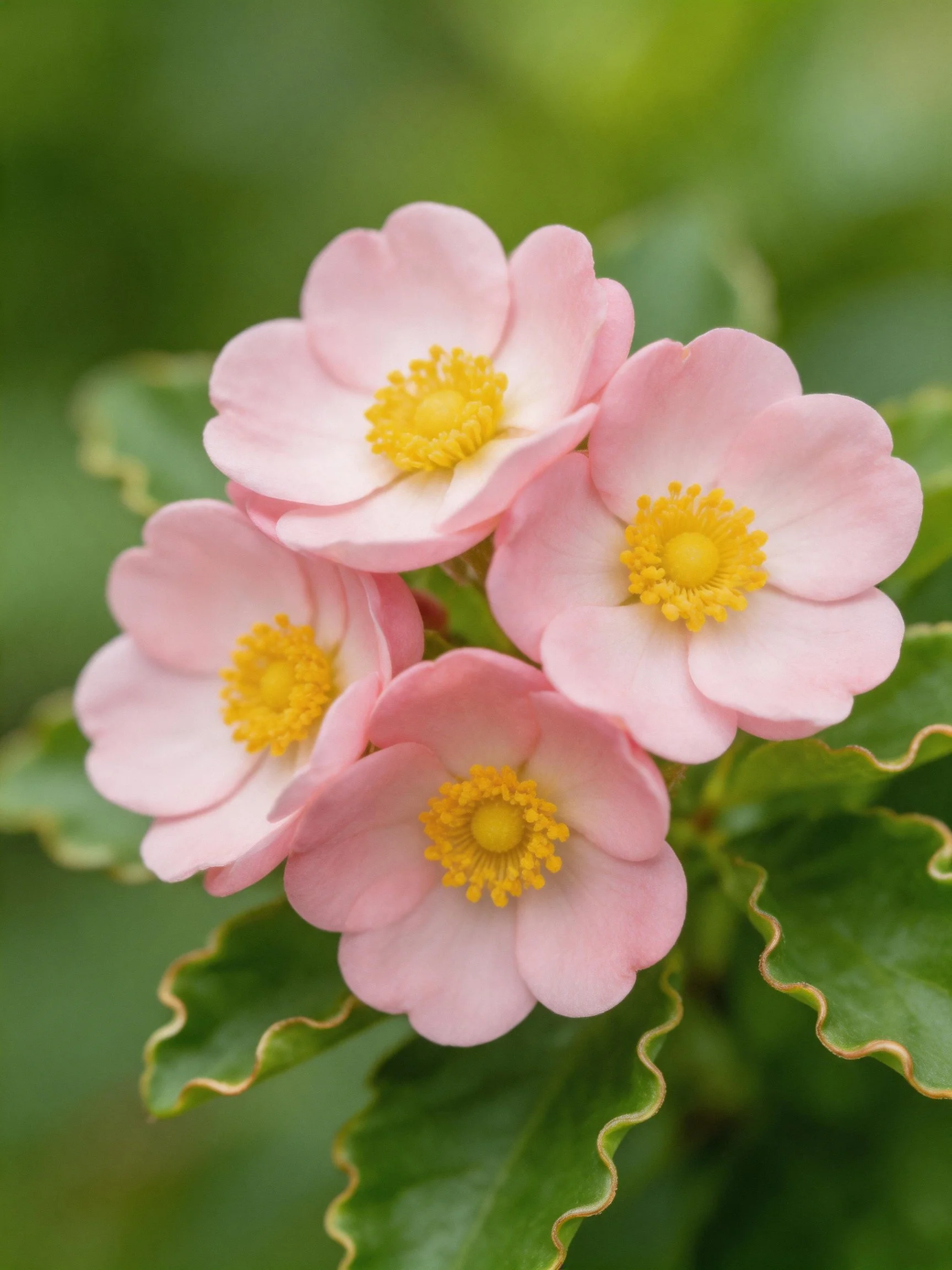 Four pink flowers with golden centers amid green foliage