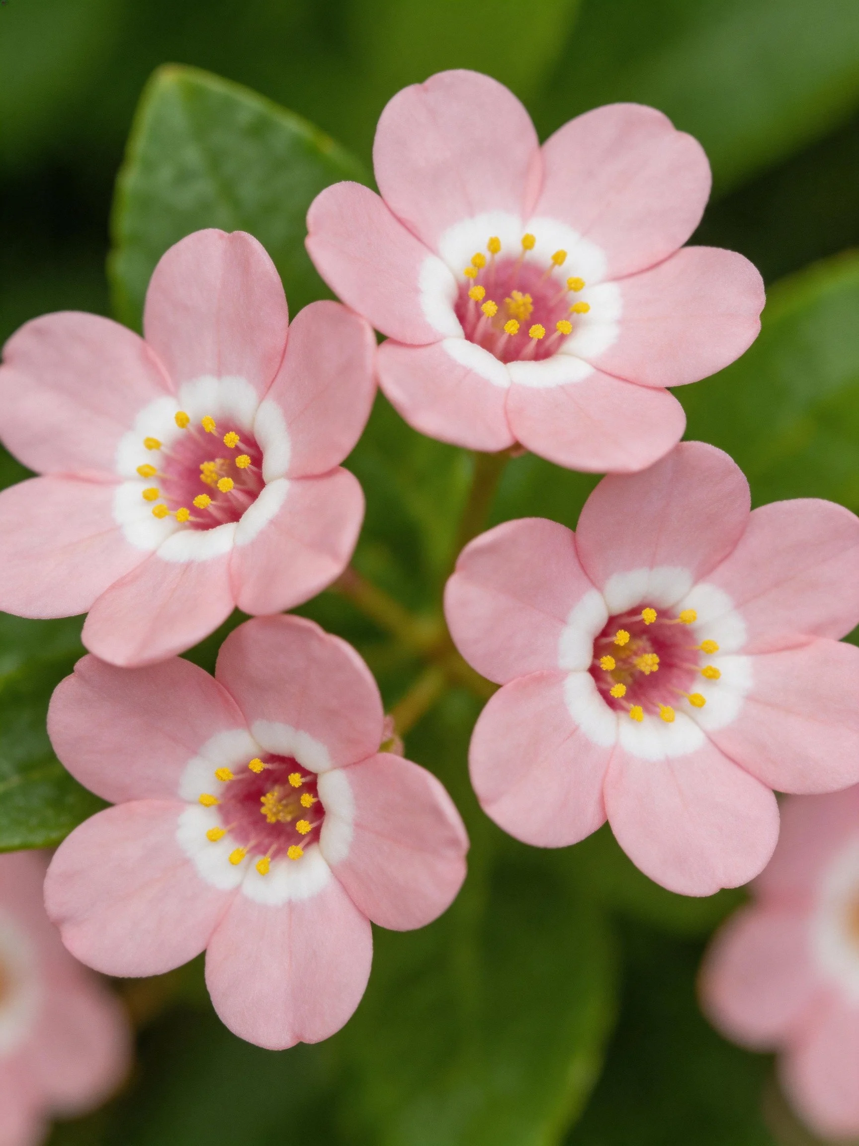 Four pink flowers with white centers and yellow stamens among green leaves