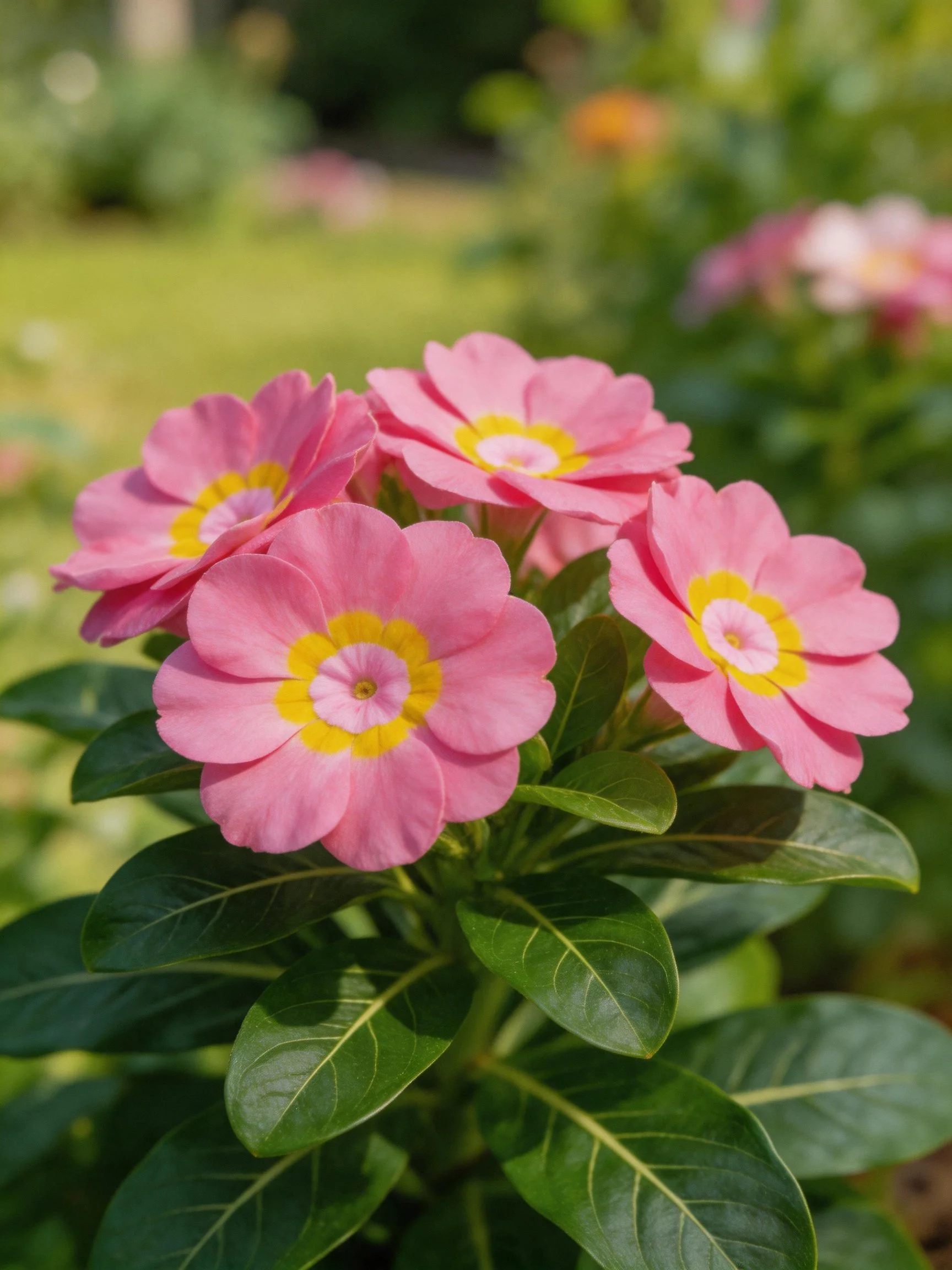 Four pink flowers with yellow centers surrounded by green leaves
