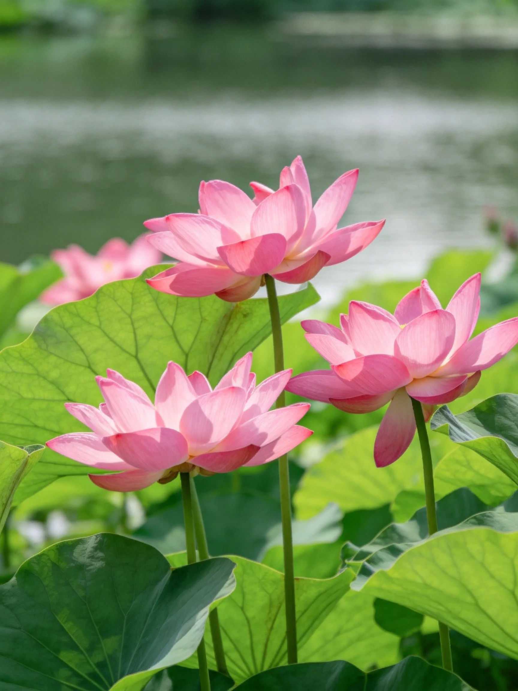 Four pink lotus blooms amid large green leaves by calm water