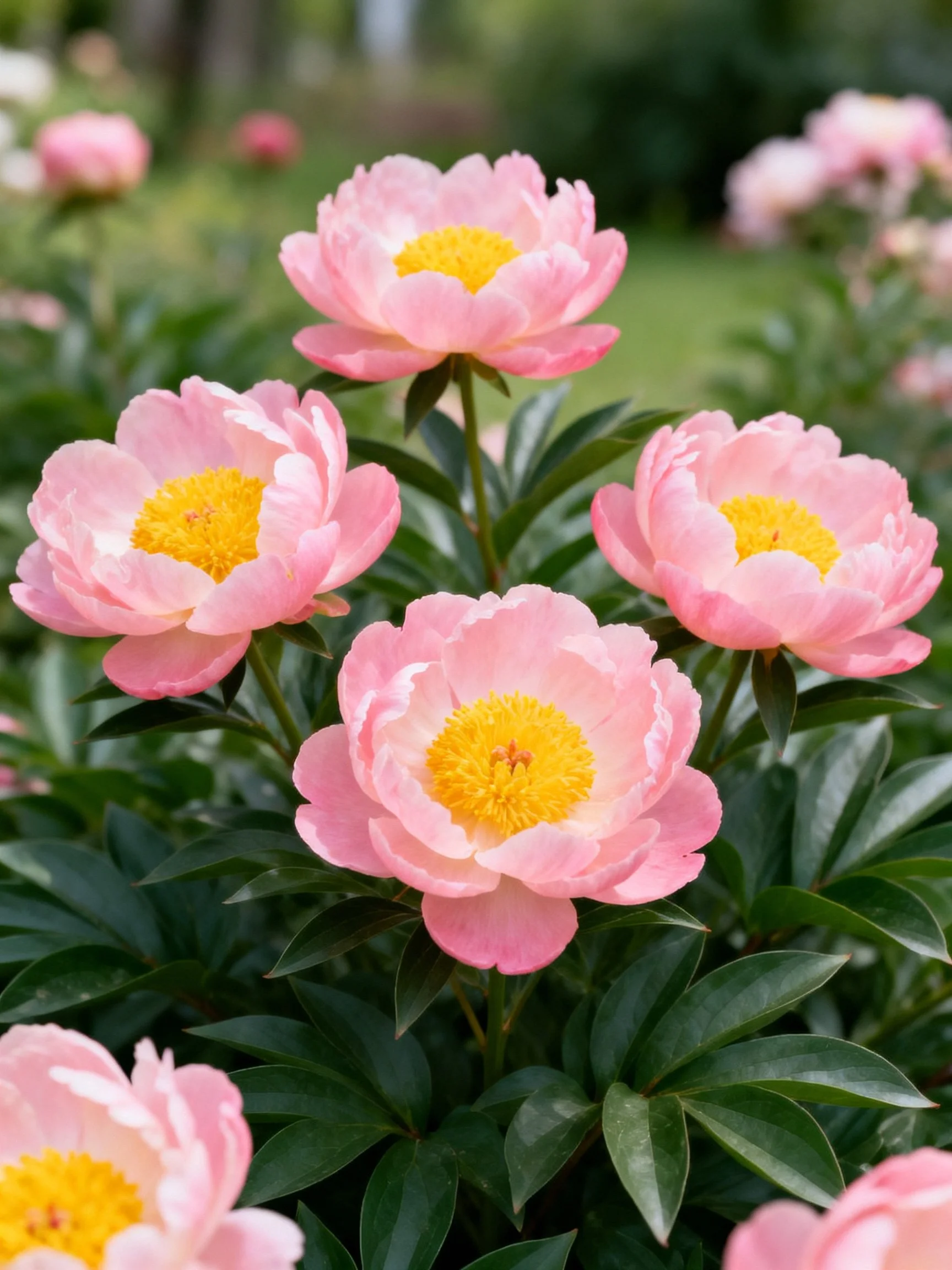 Four pink peonies with yellow centers among lush green foliage